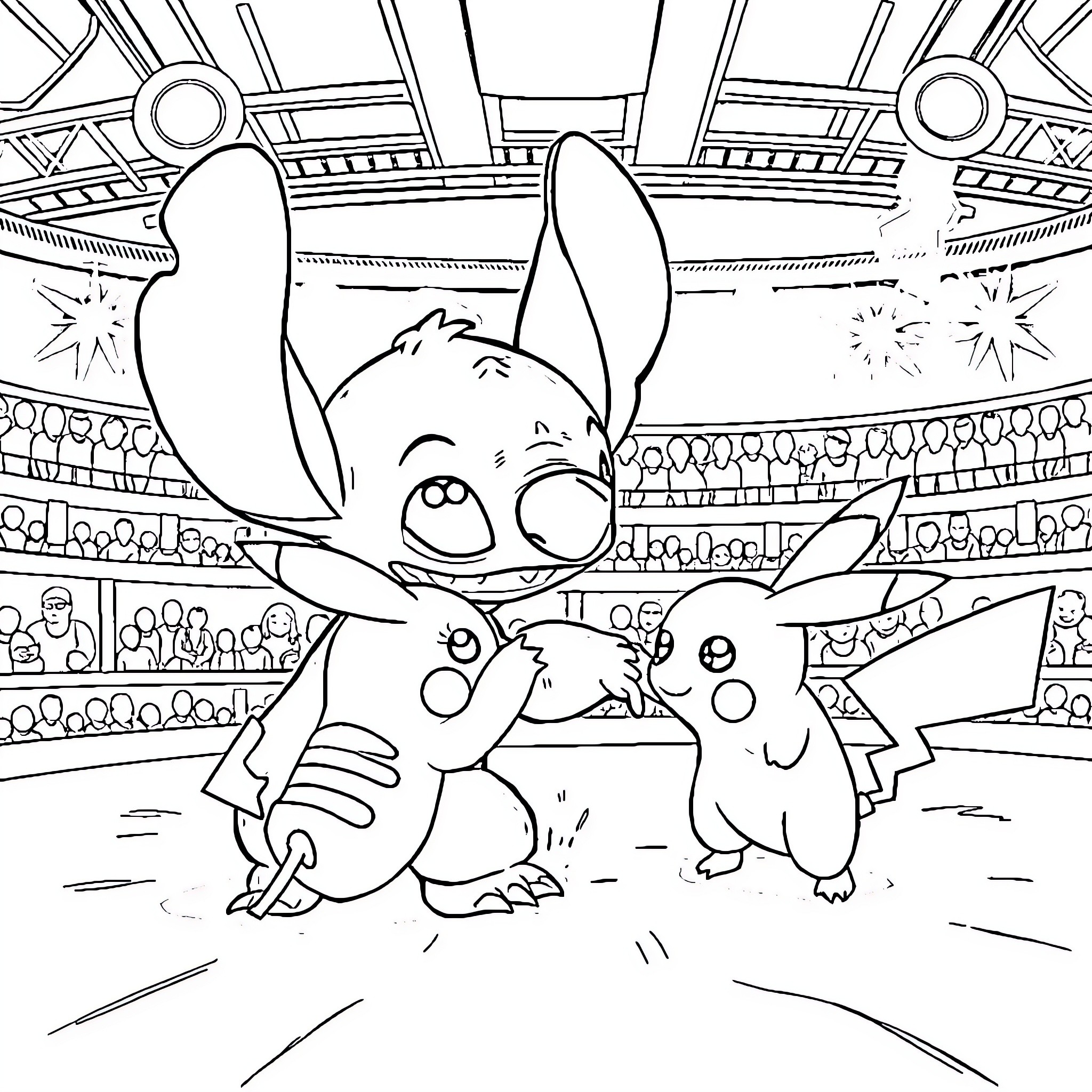 Stitch and Pikachu having a friendly match Coloring Page (free black-and-white line drawing printable PDF for all, from beginners to advanced learners, including children, teens, adults, and seniors)