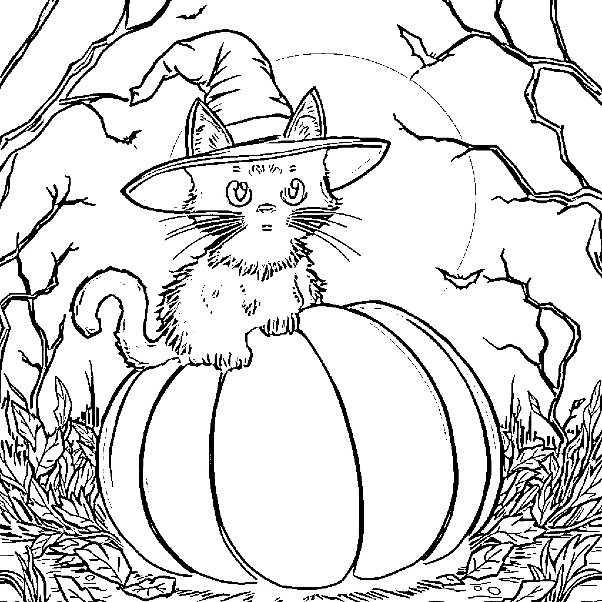 Cat in Witch's Hat on Pumpkin Coloring Page (free black-and-white line drawing printable PDF for all, from beginners to advanced learners, including children, teens, adults, and seniors)