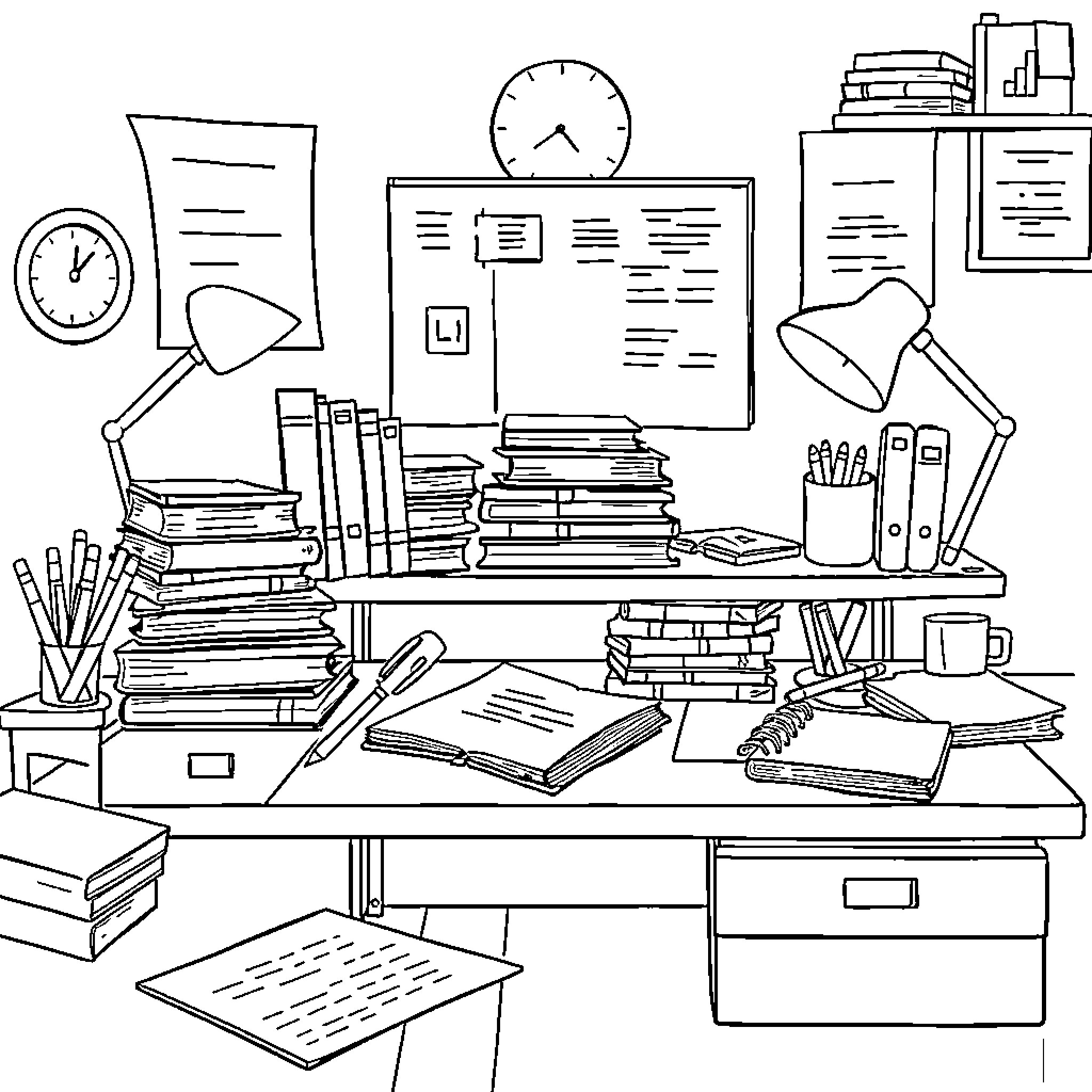 School Supplies on a Cluttered Desk Coloring Page (free black-and-white line drawing printable PDF for all, from beginners to advanced learners, including children, teens, adults, and seniors)