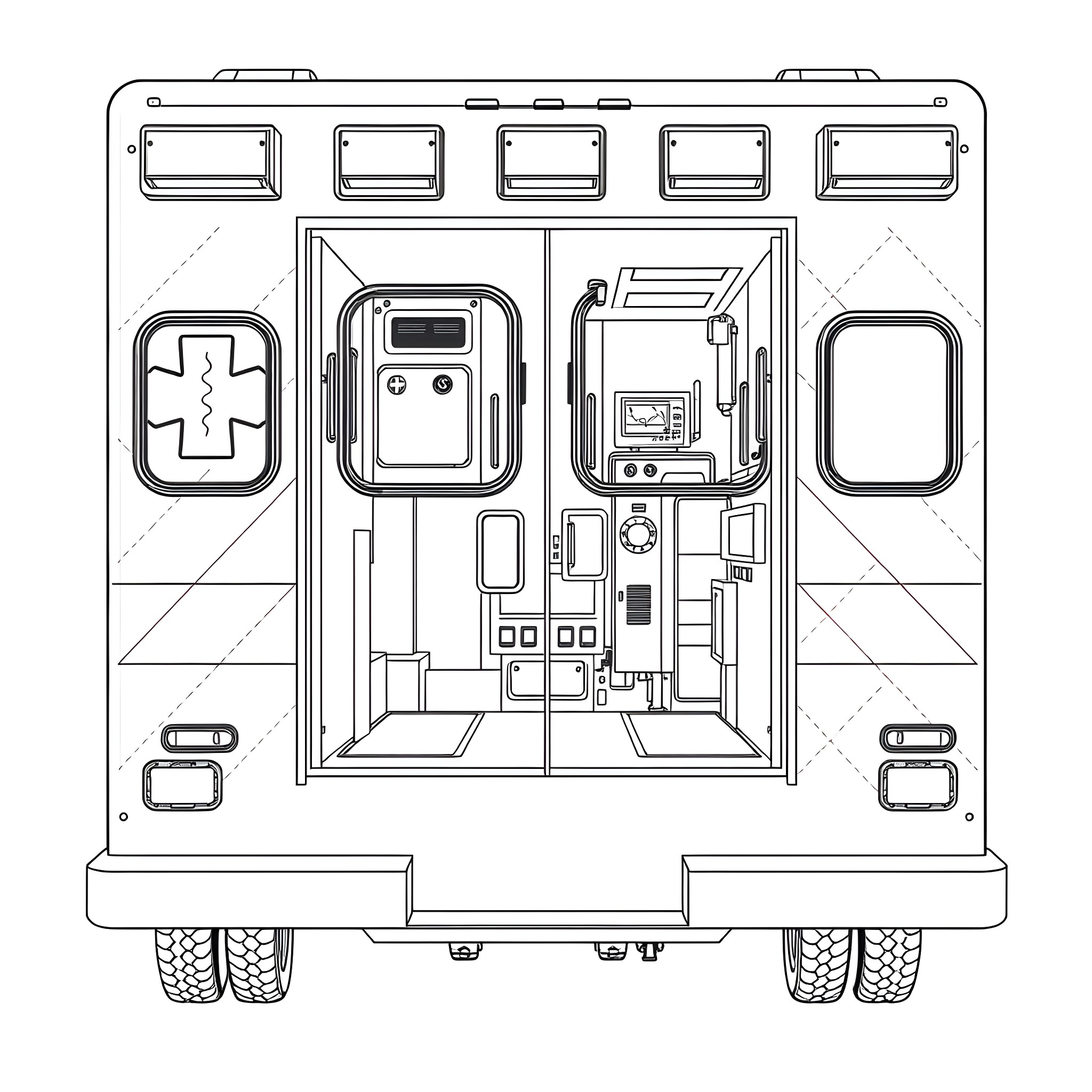 Ambulance with medical equipment and supplies Coloring Page (free black-and-white line drawing printable PDF for all, from beginners to advanced learners, including children, teens, adults, and seniors)