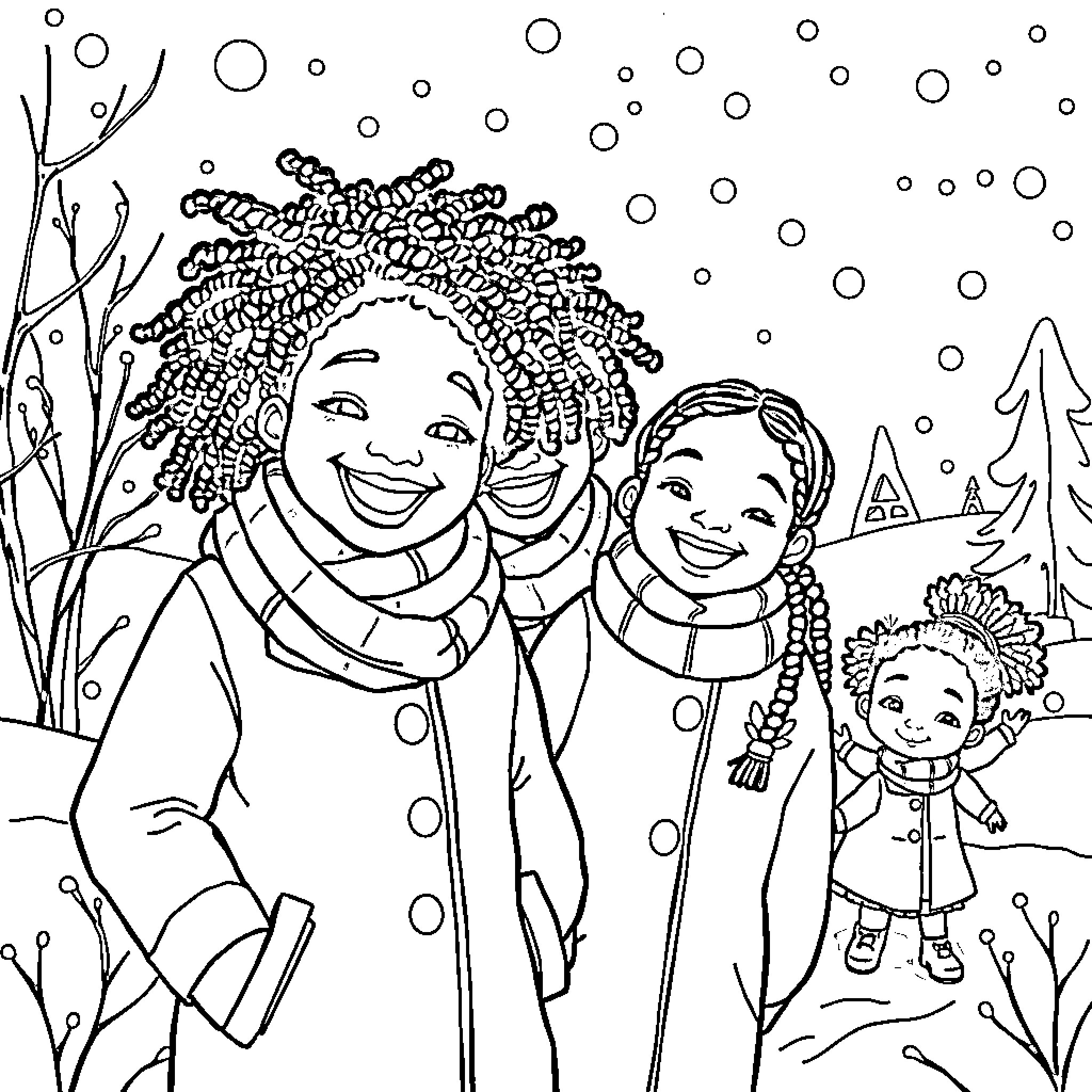 Family enjoying winter scenery together Coloring Page (free black-and-white line drawing printable PDF for all, from beginners to advanced learners, including children, teens, adults, and seniors)