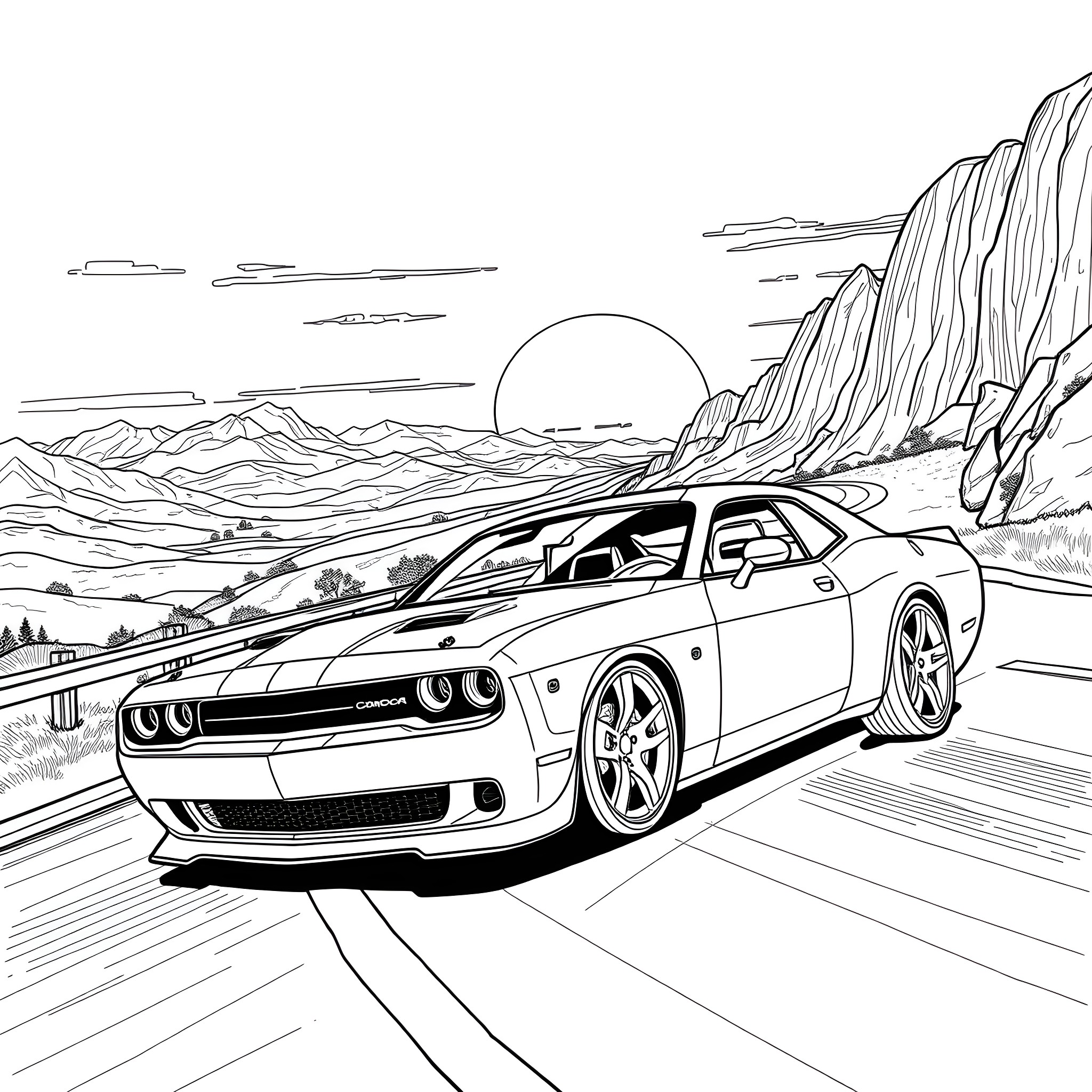 Muscle Car Racing through Dramatic Landscape Coloring Page (free black-and-white line drawing printable PDF for all, from beginners to advanced learners, including children, teens, adults, and seniors)