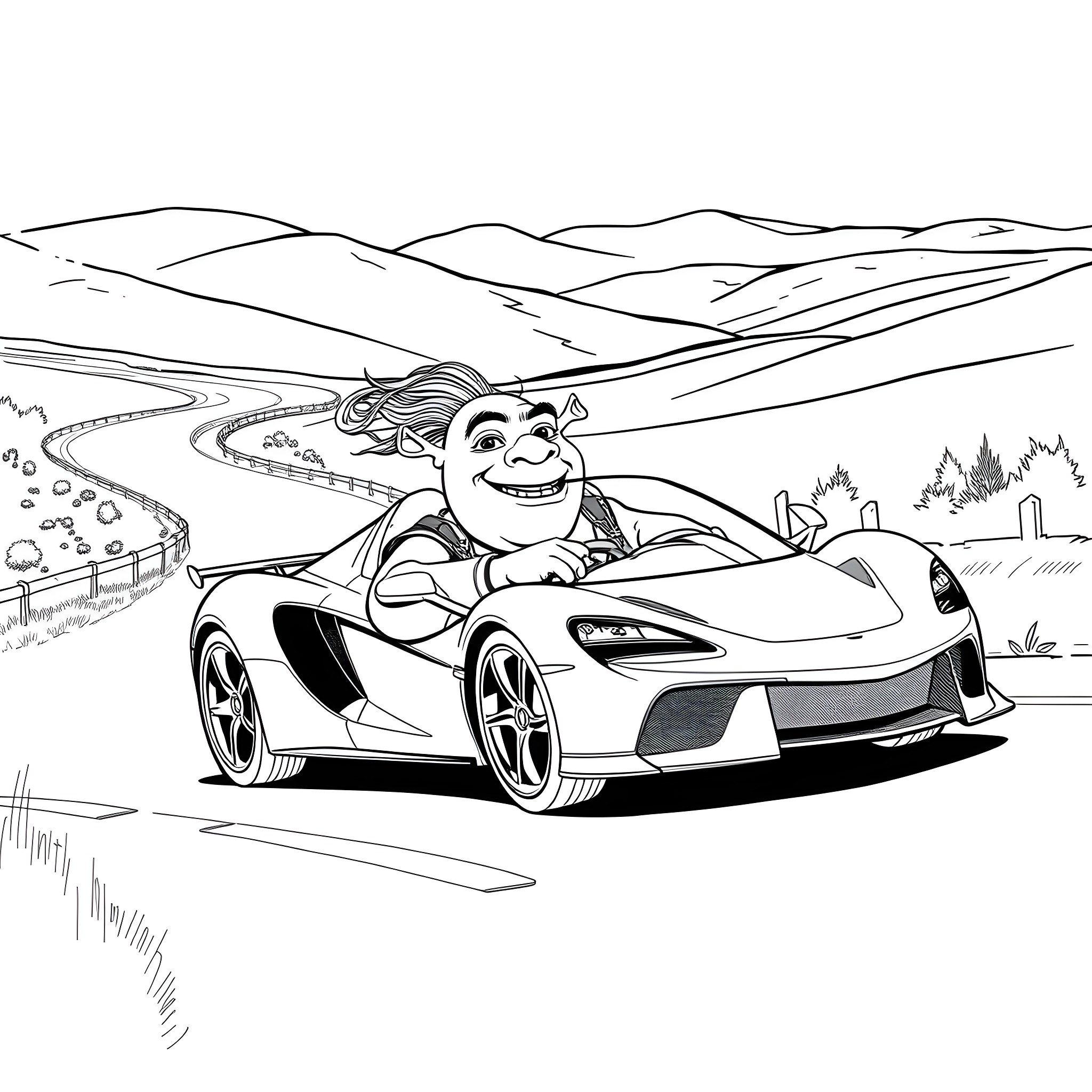 Shrek's Thrilling Ride in a Supercar Coloring Page (free black-and-white line drawing printable PDF for all, from beginners to advanced learners, including children, teens, adults, and seniors)