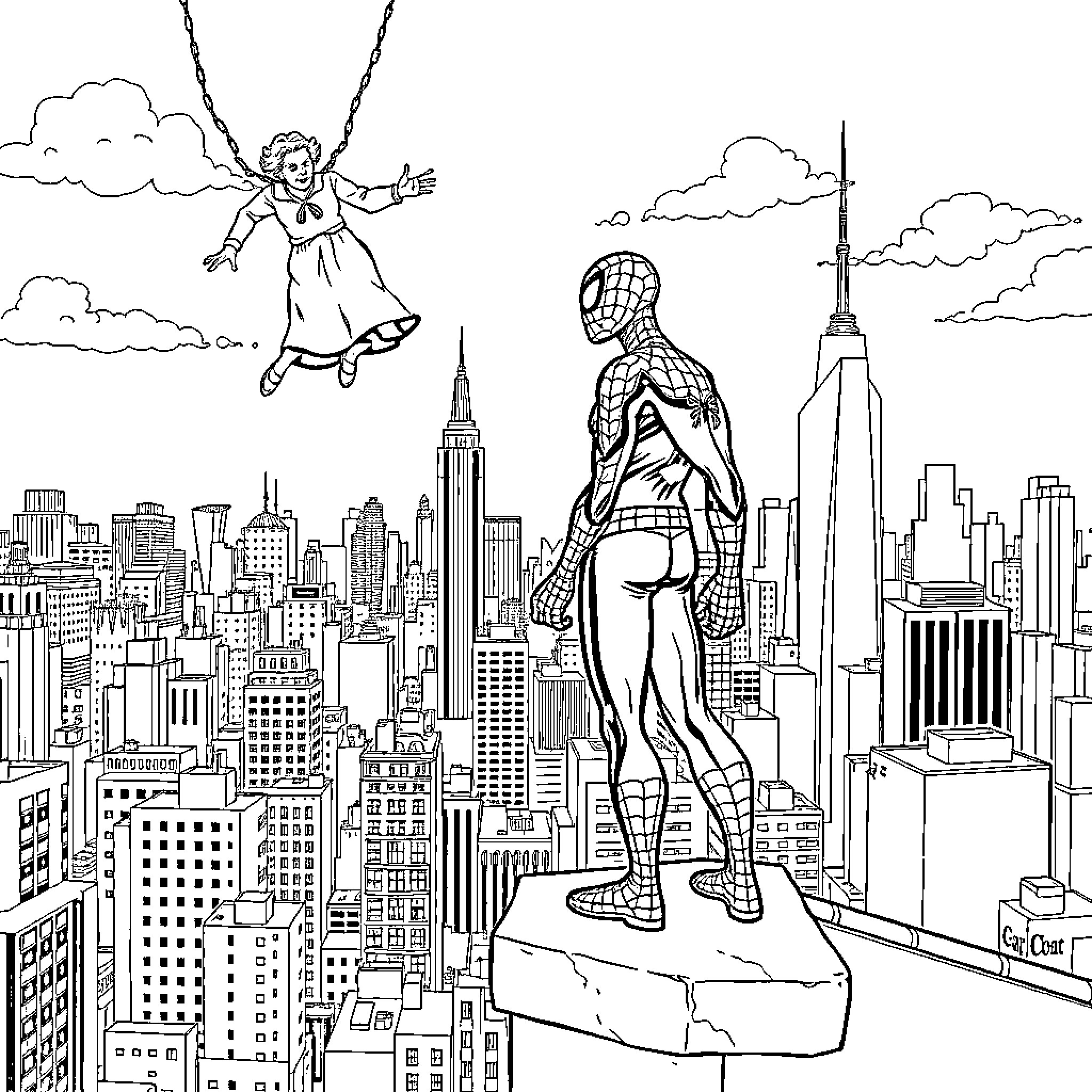 Spiderman soaring over the city skyline Coloring Page (free black-and-white line drawing printable PDF for all, from beginners to advanced learners, including children, teens, adults, and seniors)