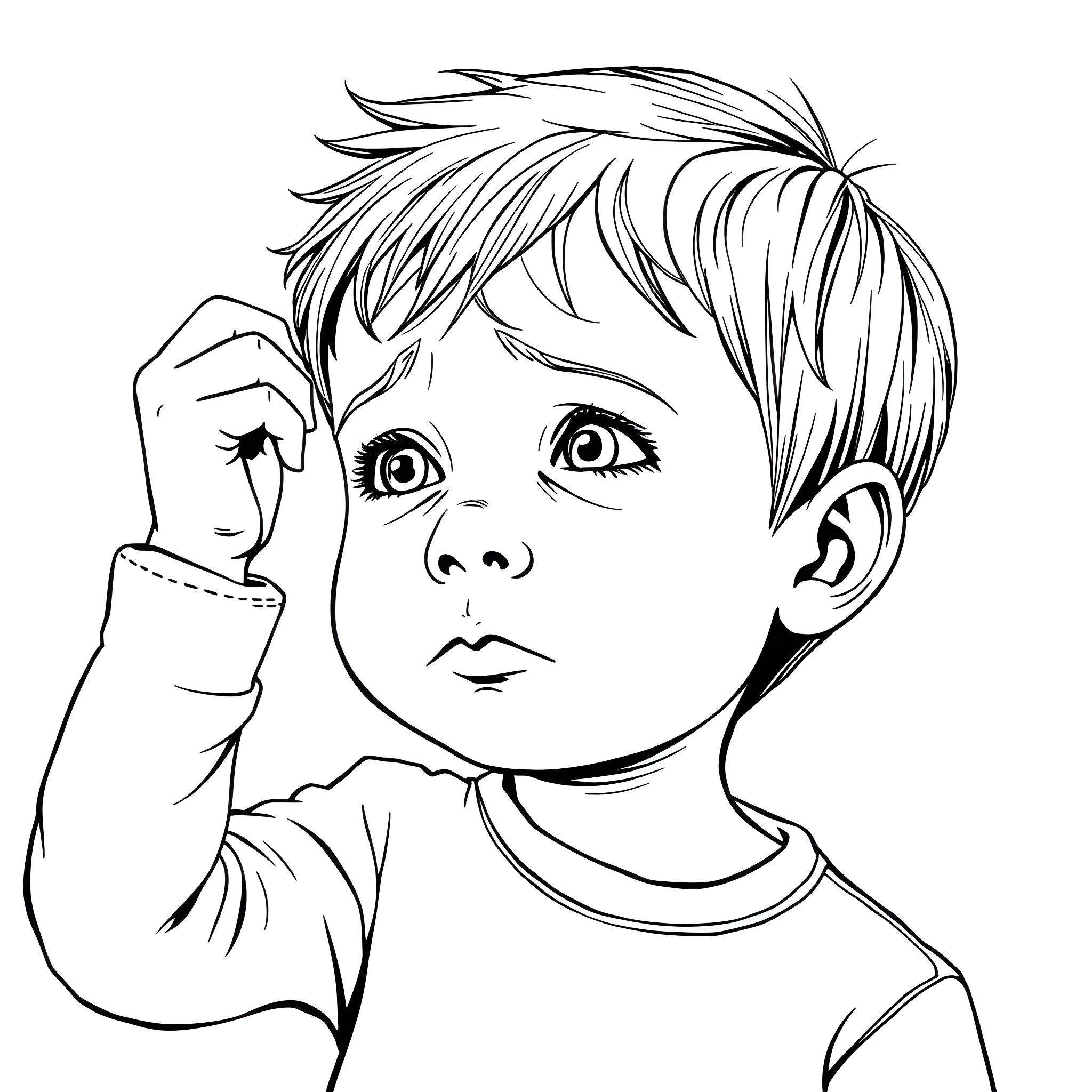 Boy pondering with curiosity Coloring Page (free black-and-white line drawing printable PDF for all, from beginners to advanced learners, including children, teens, adults, and seniors)