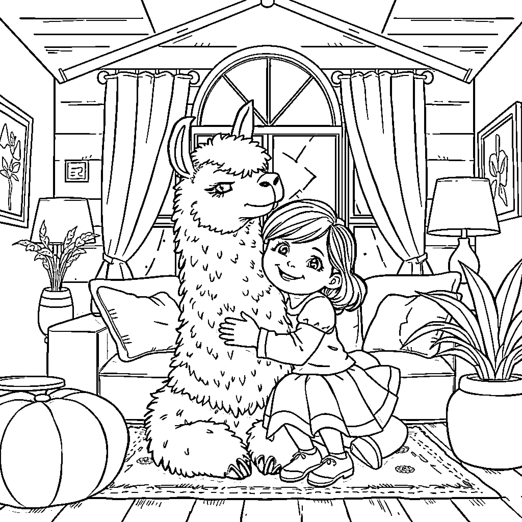 Llama and girl snuggling warmly in cozy room Coloring Page (free black-and-white line drawing printable PDF for all, from beginners to advanced learners, including children, teens, adults, and seniors)