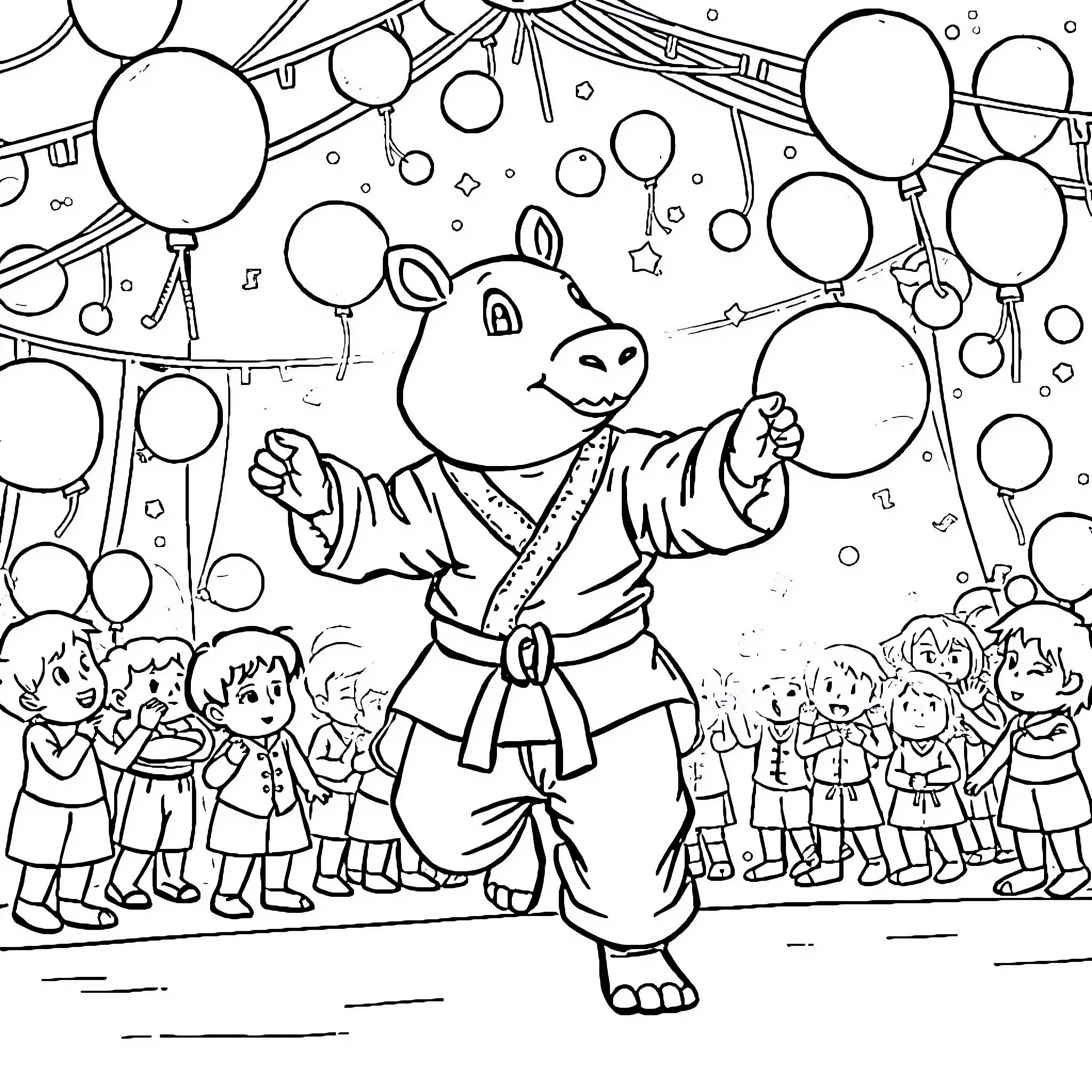 Capybara performing at a festive celebration Coloring Page (free black-and-white line drawing printable PDF for all, from beginners to advanced learners, including children, teens, adults, and seniors)