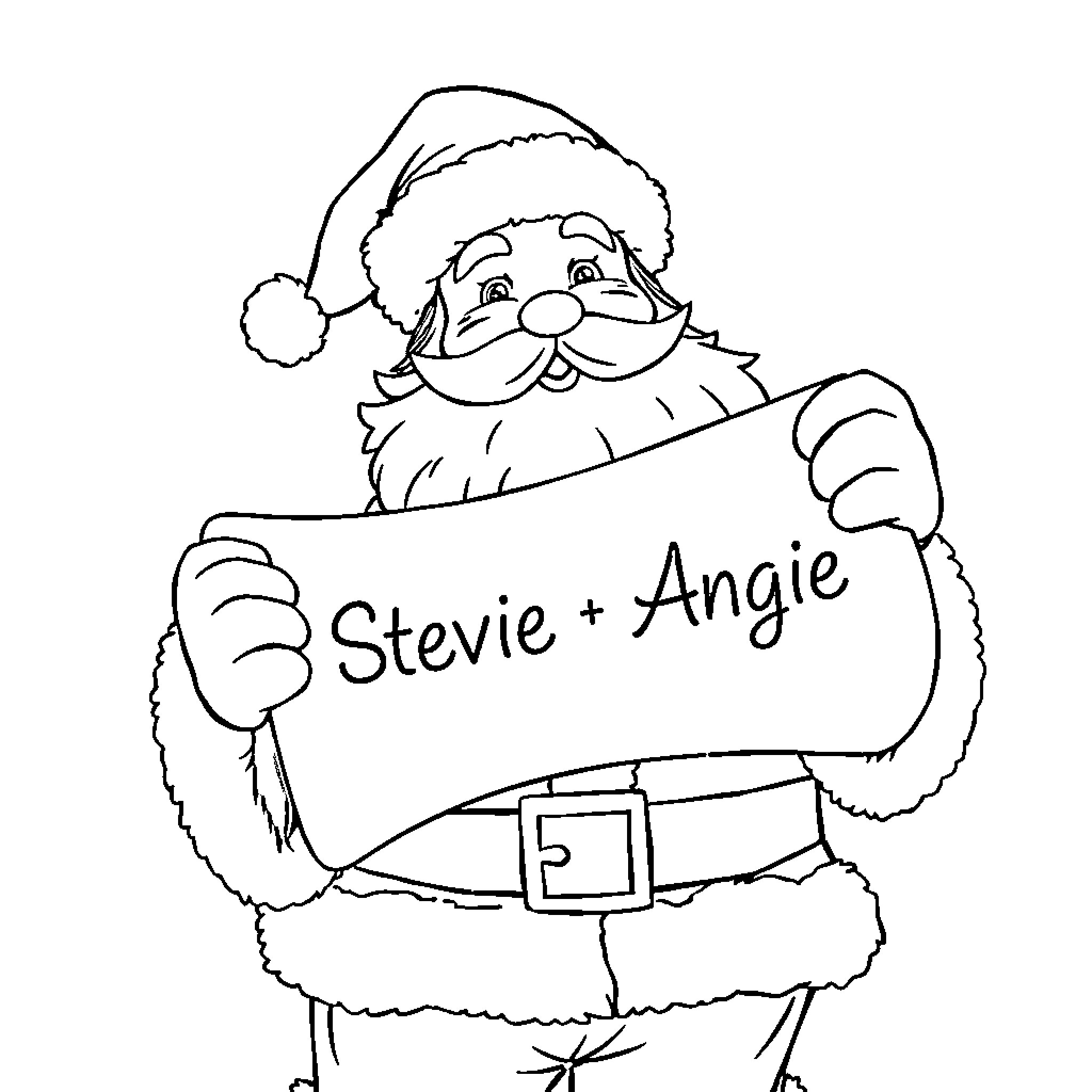 Santa holding a personalized sign Coloring Page (free black-and-white line drawing printable PDF for all, from beginners to advanced learners, including children, teens, adults, and seniors)