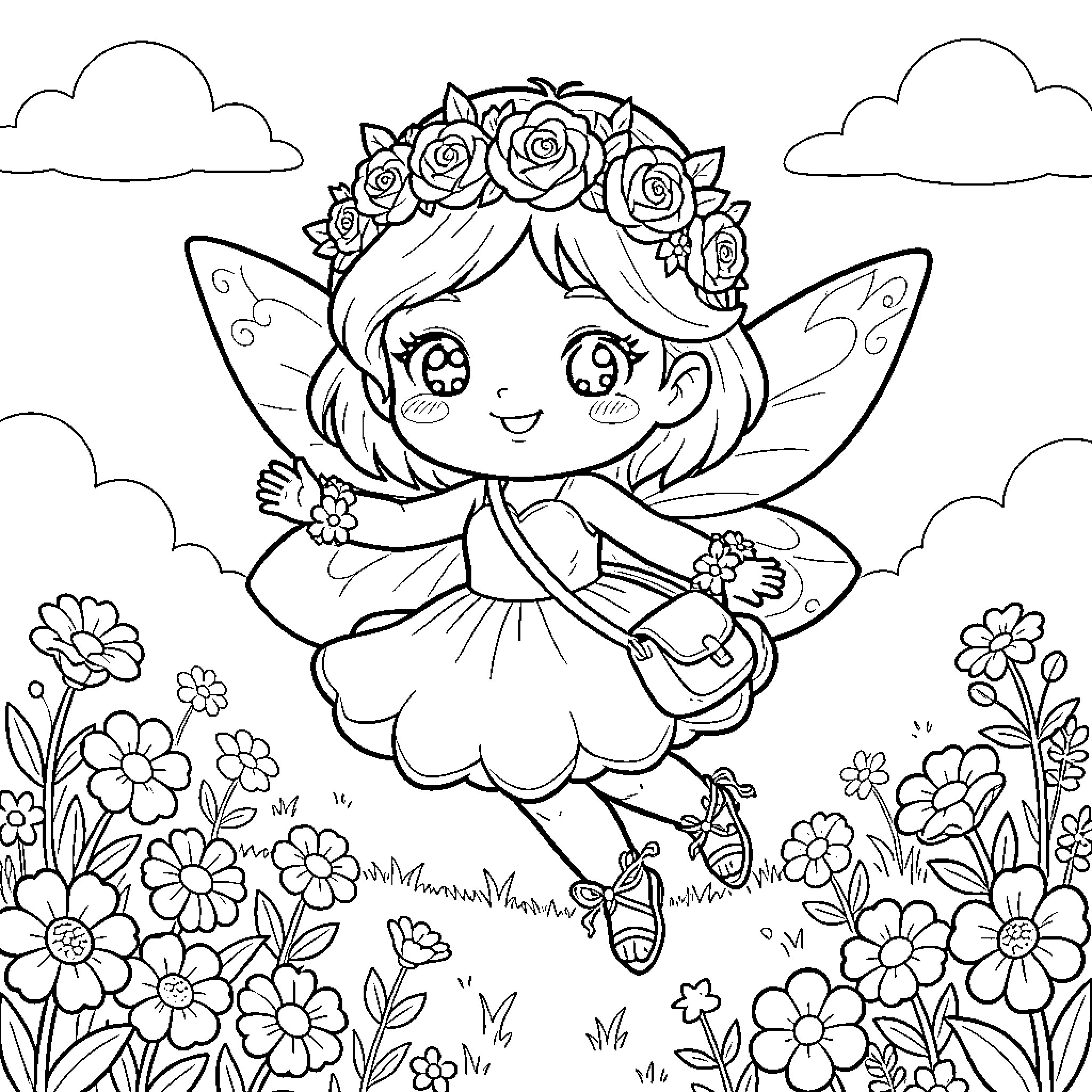 Fairy playing joyfully among flowers Coloring Page (free black-and-white line drawing printable PDF for all, from beginners to advanced learners, including children, teens, adults, and seniors)