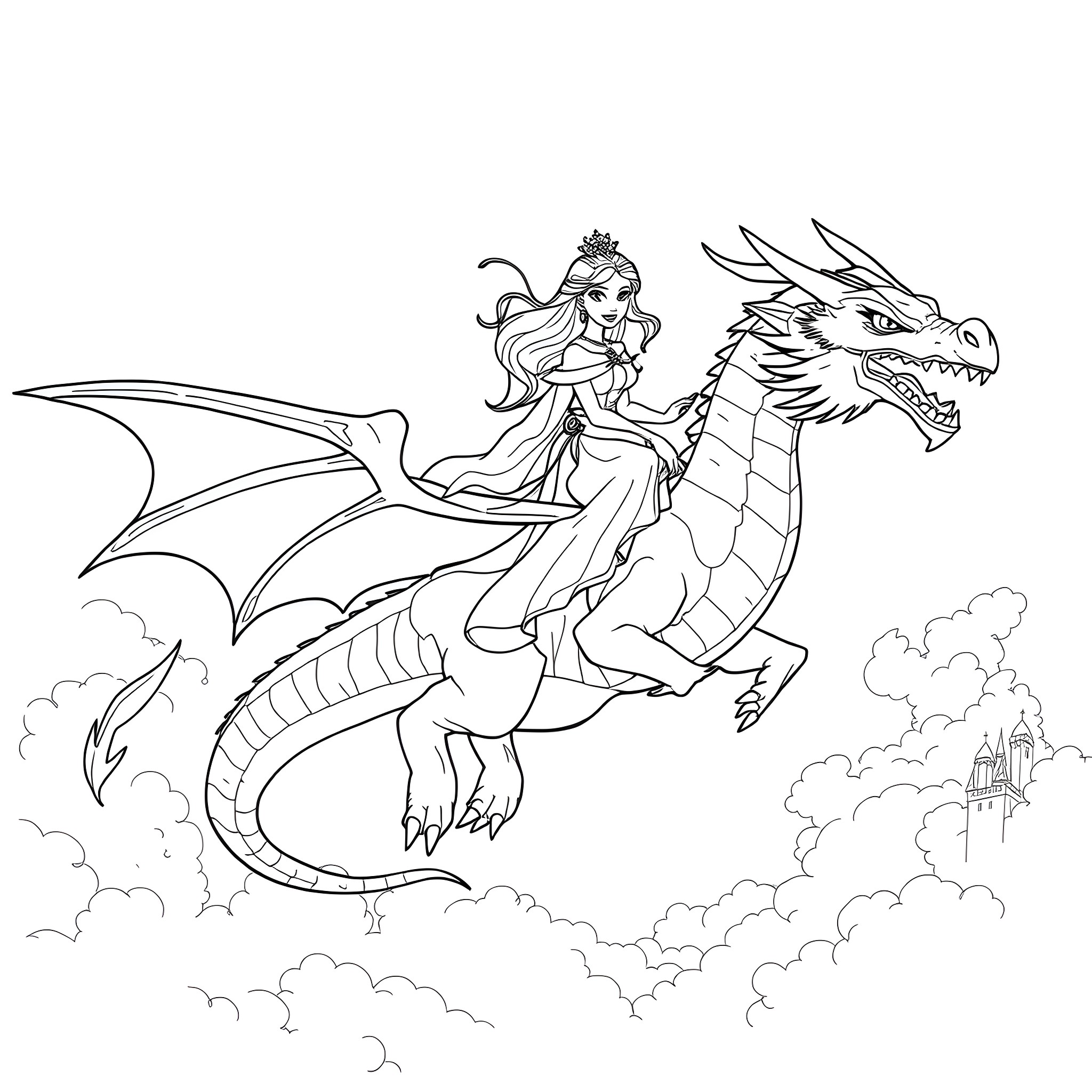 Princess Riding a Fierce Dragon in the Sky Coloring Page (free black-and-white line drawing printable PDF for all, from beginners to advanced learners, including children, teens, adults, and seniors)