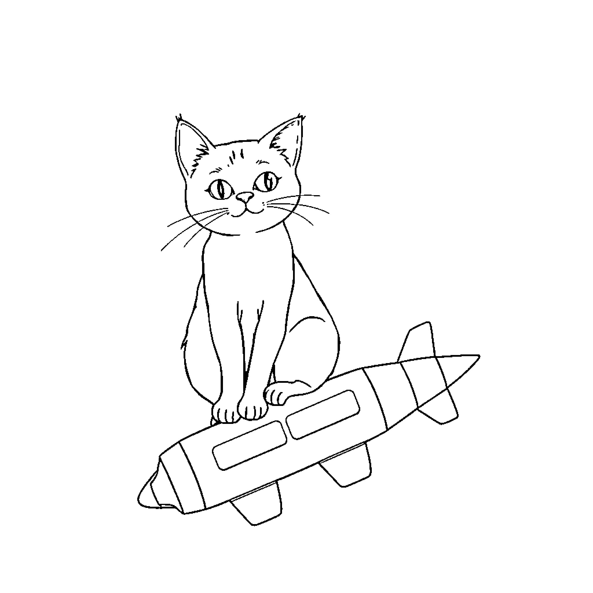 Cat playing with rocket ship Coloring Page (free black-and-white line drawing printable PDF for all, from beginners to advanced learners, including children, teens, adults, and seniors)