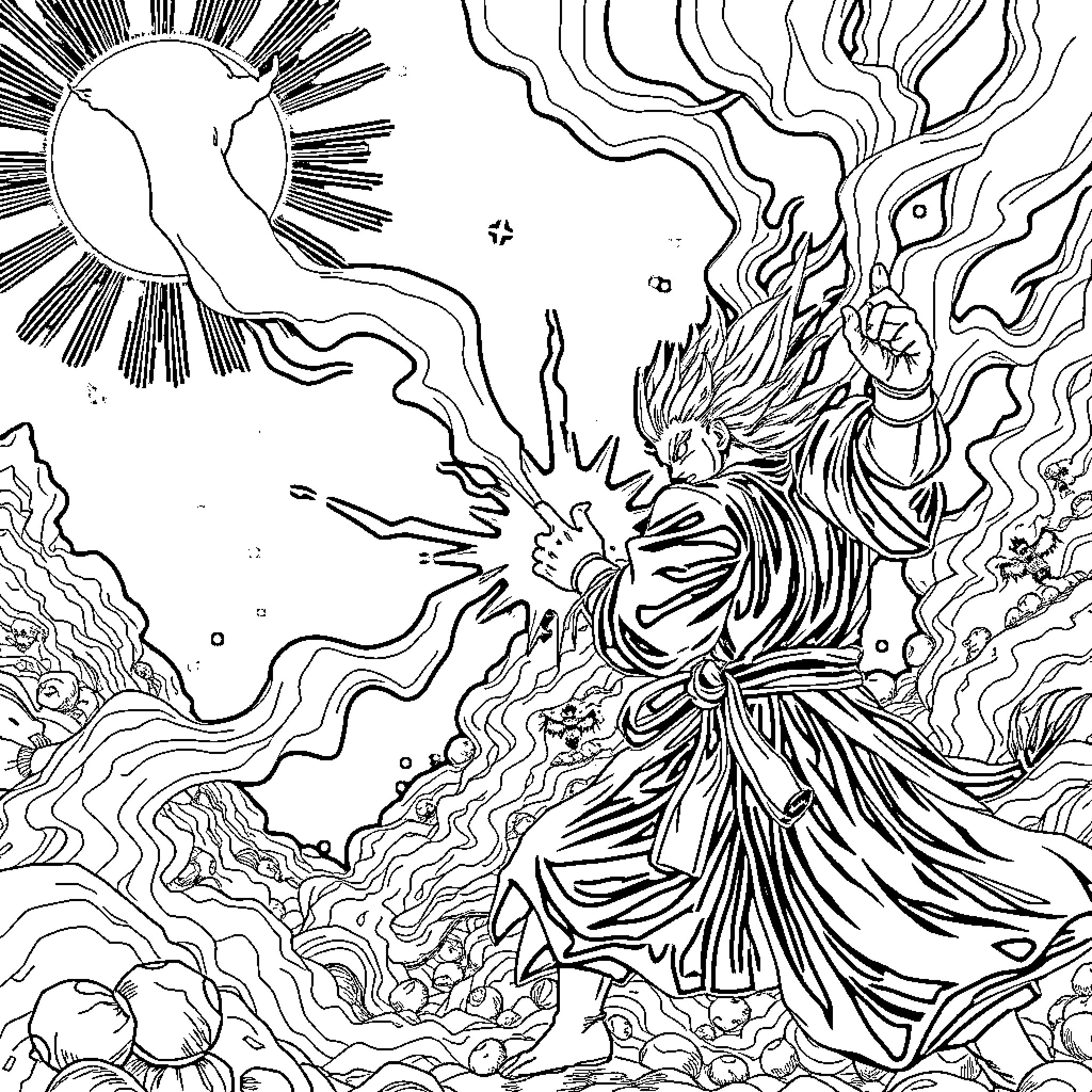 Sangoku's Mystical Warrior Transformation Coloring Page (free black-and-white line drawing printable PDF for all, from beginners to advanced learners, including children, teens, adults, and seniors)