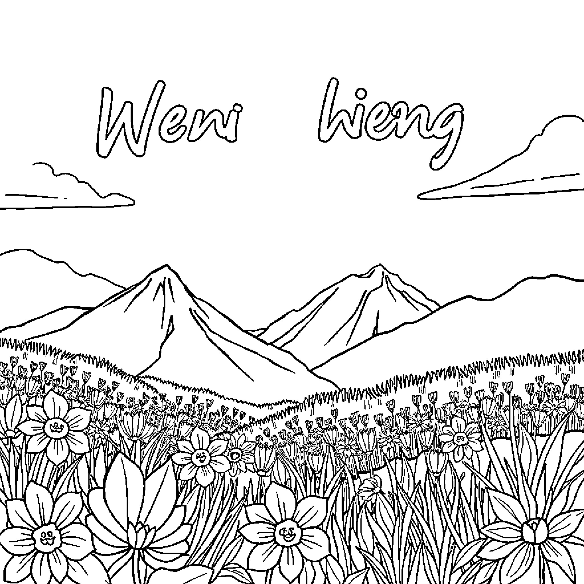 Text of a Floral Mountain Landscape Coloring Page (free black-and-white line drawing printable PDF for all, from beginners to advanced learners, including children, teens, adults, and seniors)