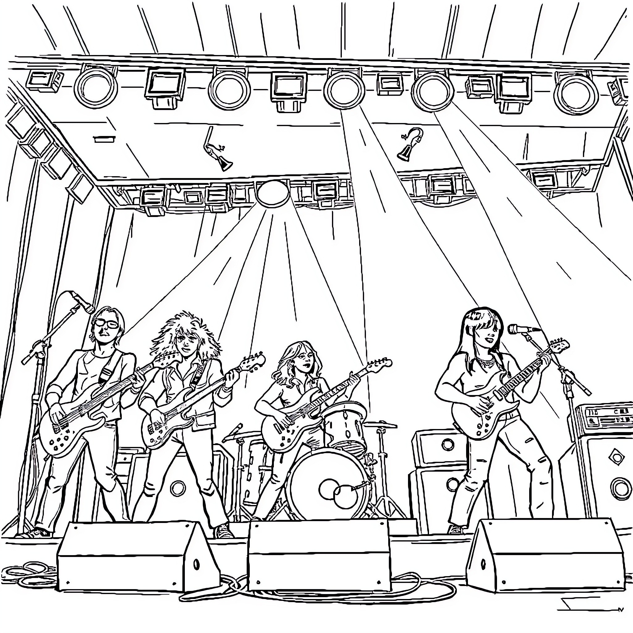 Rock Band Performing on Lighted Stage Coloring Page (free black-and-white line drawing printable PDF for all, from beginners to advanced learners, including children, teens, adults, and seniors)