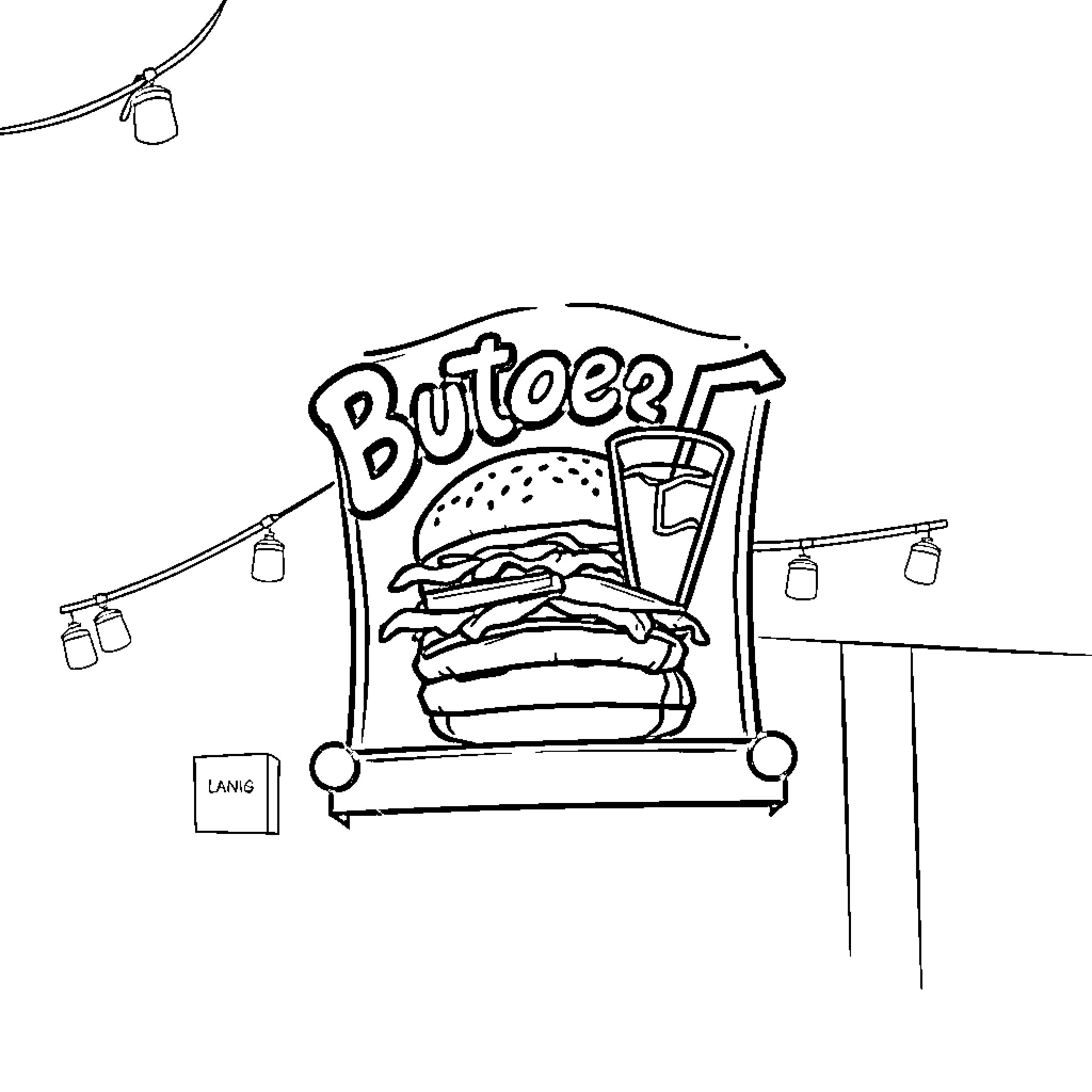 Restaurant featuring delicious burger and soda Coloring Page (free black-and-white line drawing printable PDF for all, from beginners to advanced learners, including children, teens, adults, and seniors)