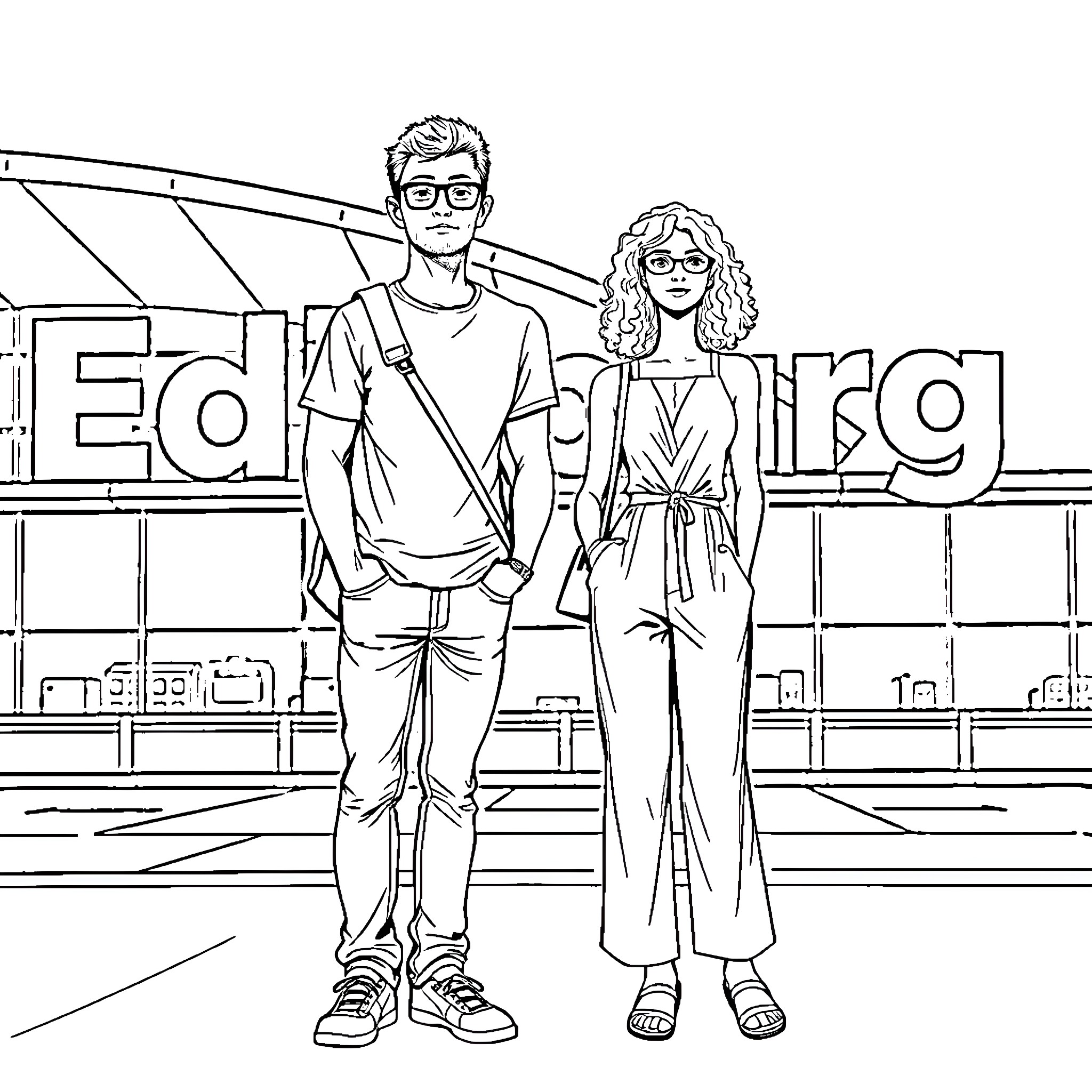 Man and Woman Standing Together in Front of Store Coloring Page (free black-and-white line drawing printable PDF for all, from beginners to advanced learners, including children, teens, adults, and seniors)