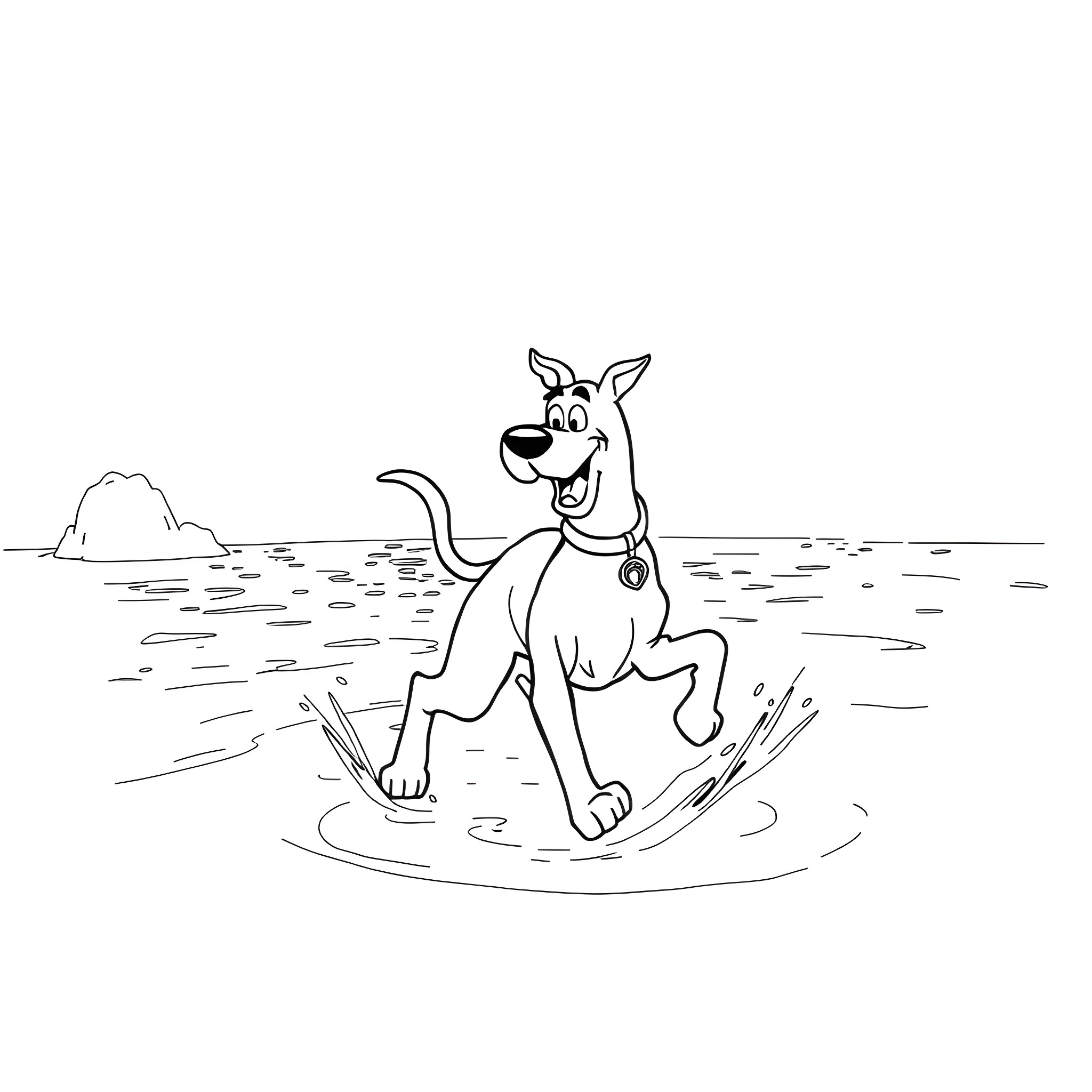 Scooby Doo splashing happily in the water Coloring Page (free black-and-white line drawing printable PDF for all, from beginners to advanced learners, including children, teens, adults, and seniors)