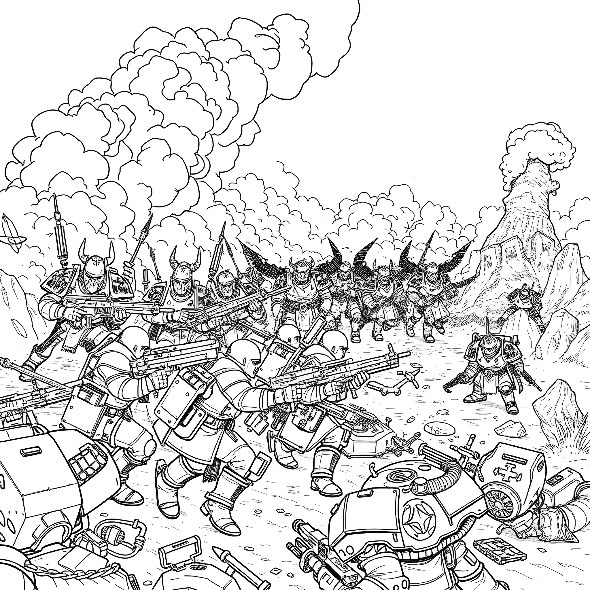 Warhammer Soldiers Engaged in Intense Battle Coloring Page (free black-and-white line drawing printable PDF for all, from beginners to advanced learners, including children, teens, adults, and seniors)