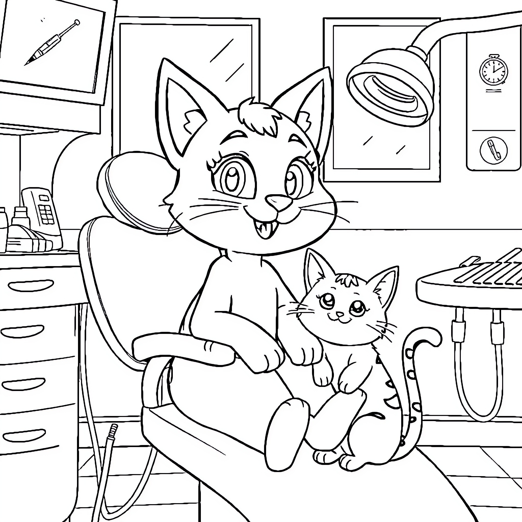 Bluey and Bingo's Fun-Filled Veterinary Adventure Coloring Page (free black-and-white line drawing printable PDF for all, from beginners to advanced learners, including children, teens, adults, and seniors)