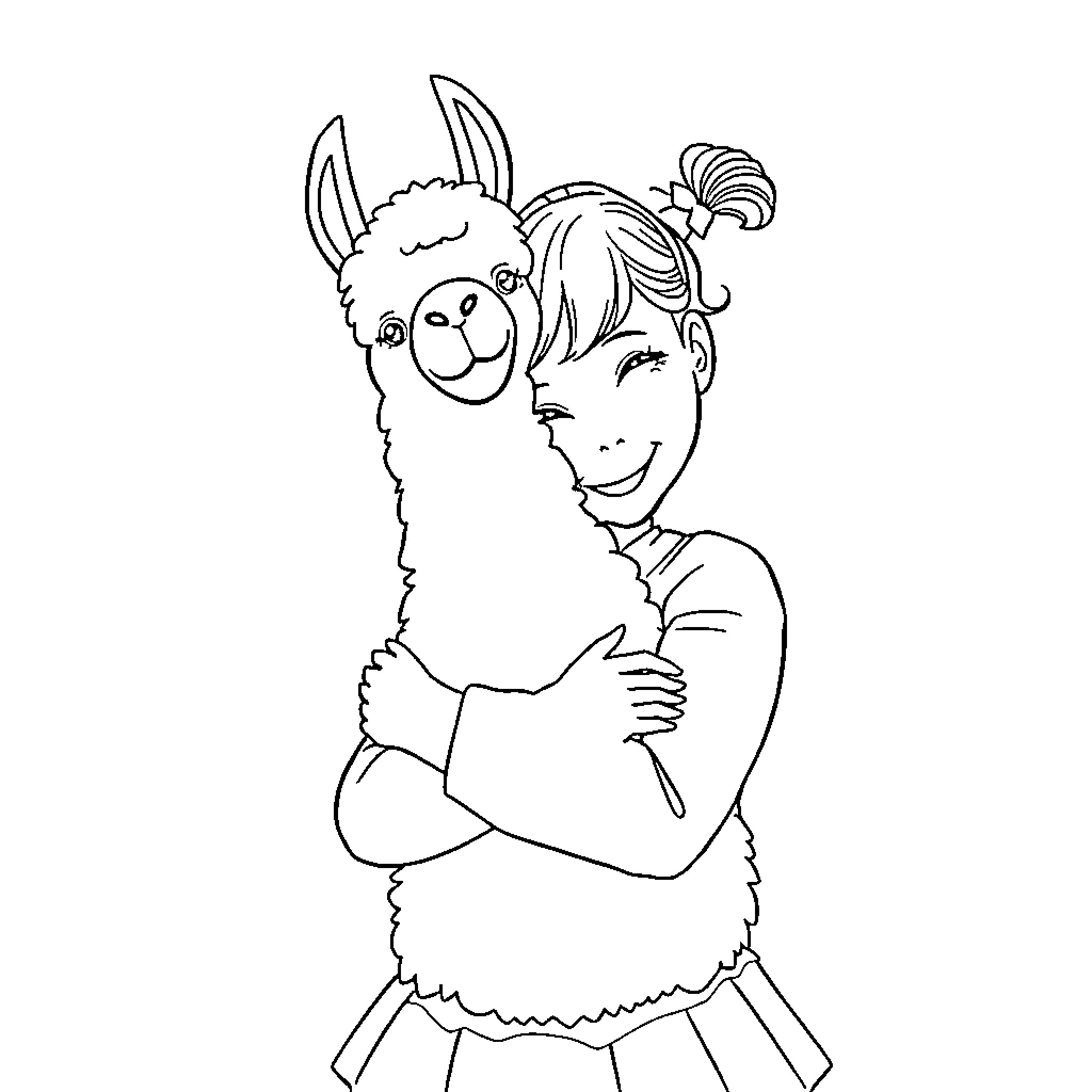 Girl happily hugging a llama Coloring Page (free black-and-white line drawing printable PDF for all, from beginners to advanced learners, including children, teens, adults, and seniors)