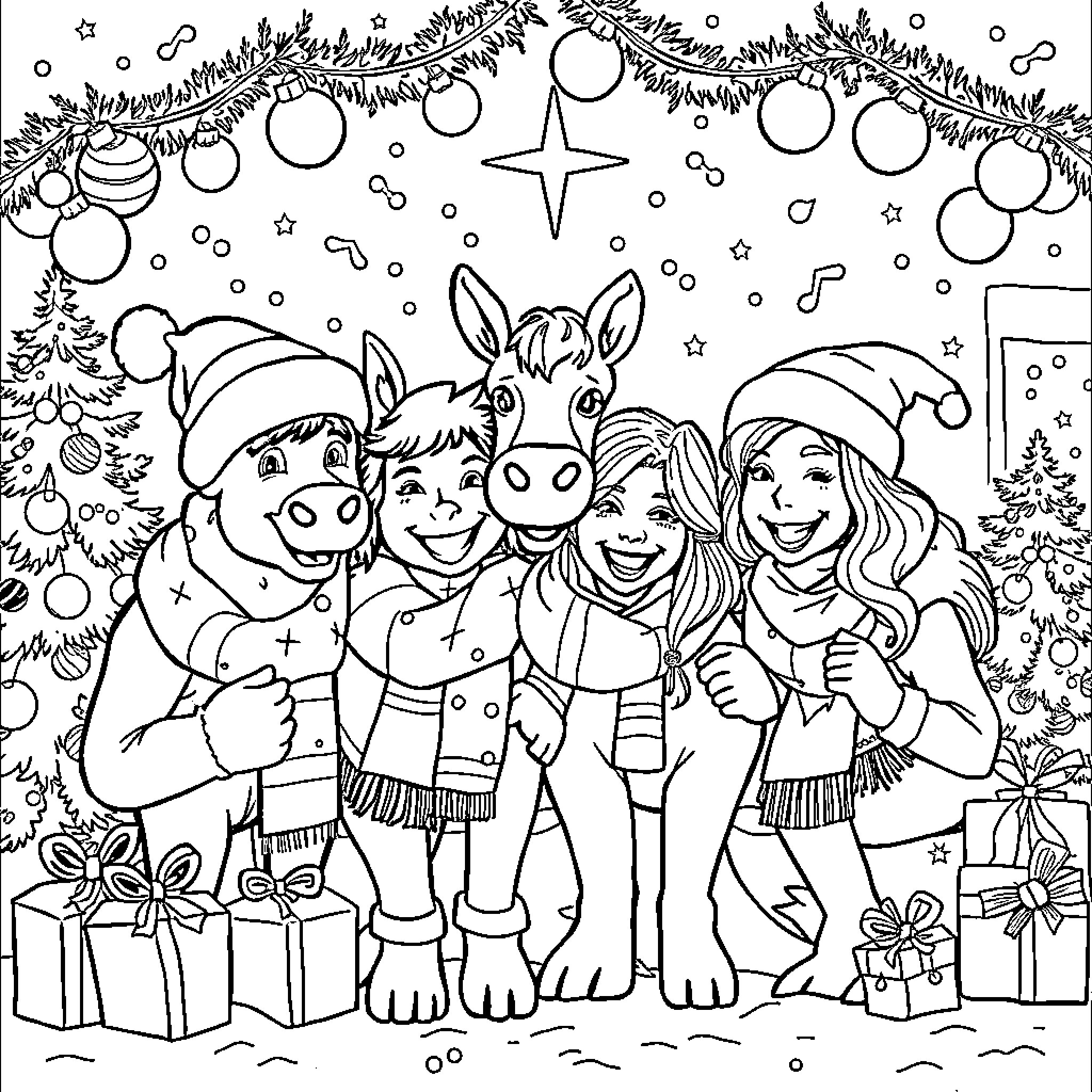 HUNTR/X Festive Friends Celebrate Christmas Coloring Page (free black-and-white line drawing printable PDF for all, from beginners to advanced learners, including children, teens, adults, and seniors)