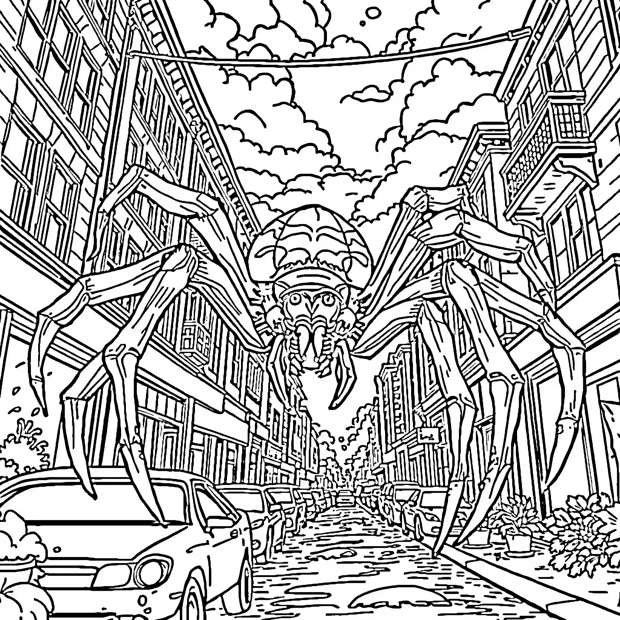 Spider-themed Cityscape Adventure Coloring Page (free black-and-white line drawing printable PDF for all, from beginners to advanced learners, including children, teens, adults, and seniors)