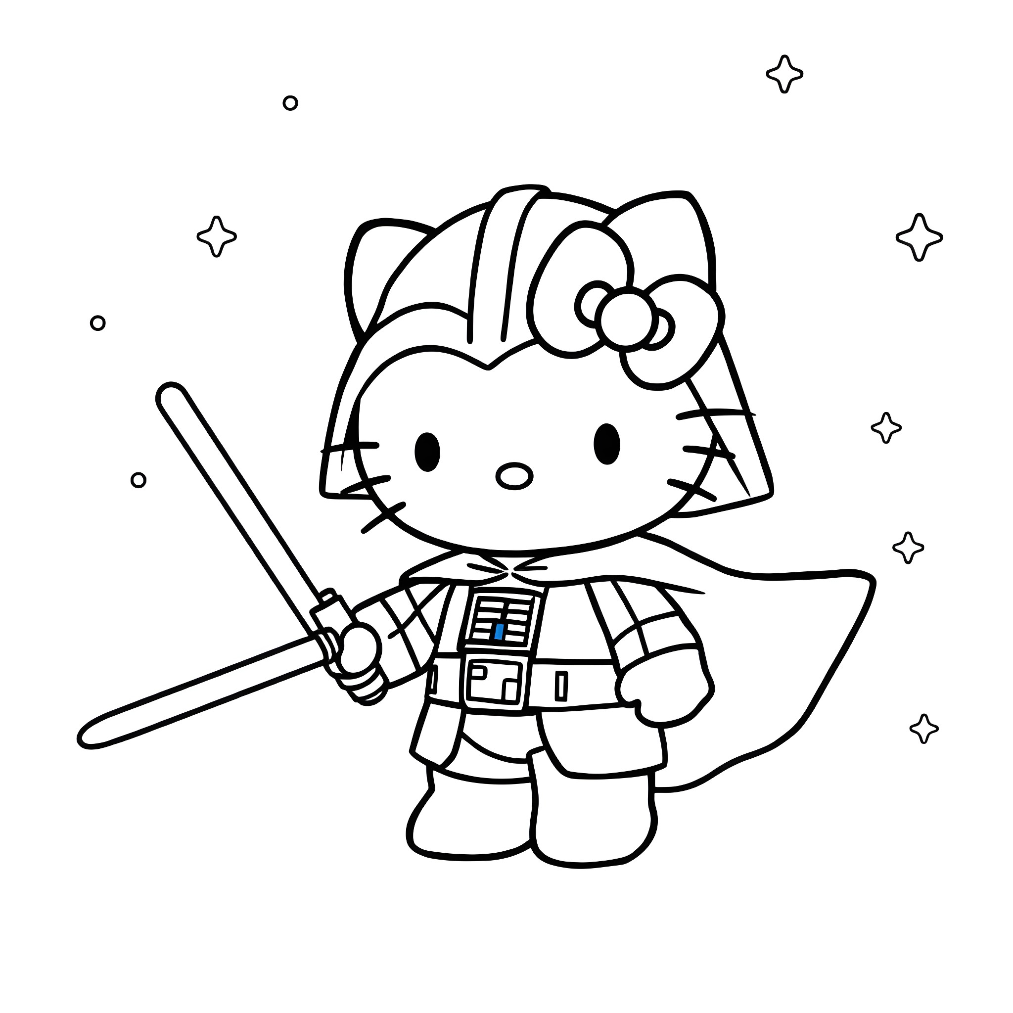 Hello Kitty as a Galactic Warrior Coloring Page (free black-and-white line drawing printable PDF for all, from beginners to advanced learners, including children, teens, adults, and seniors)