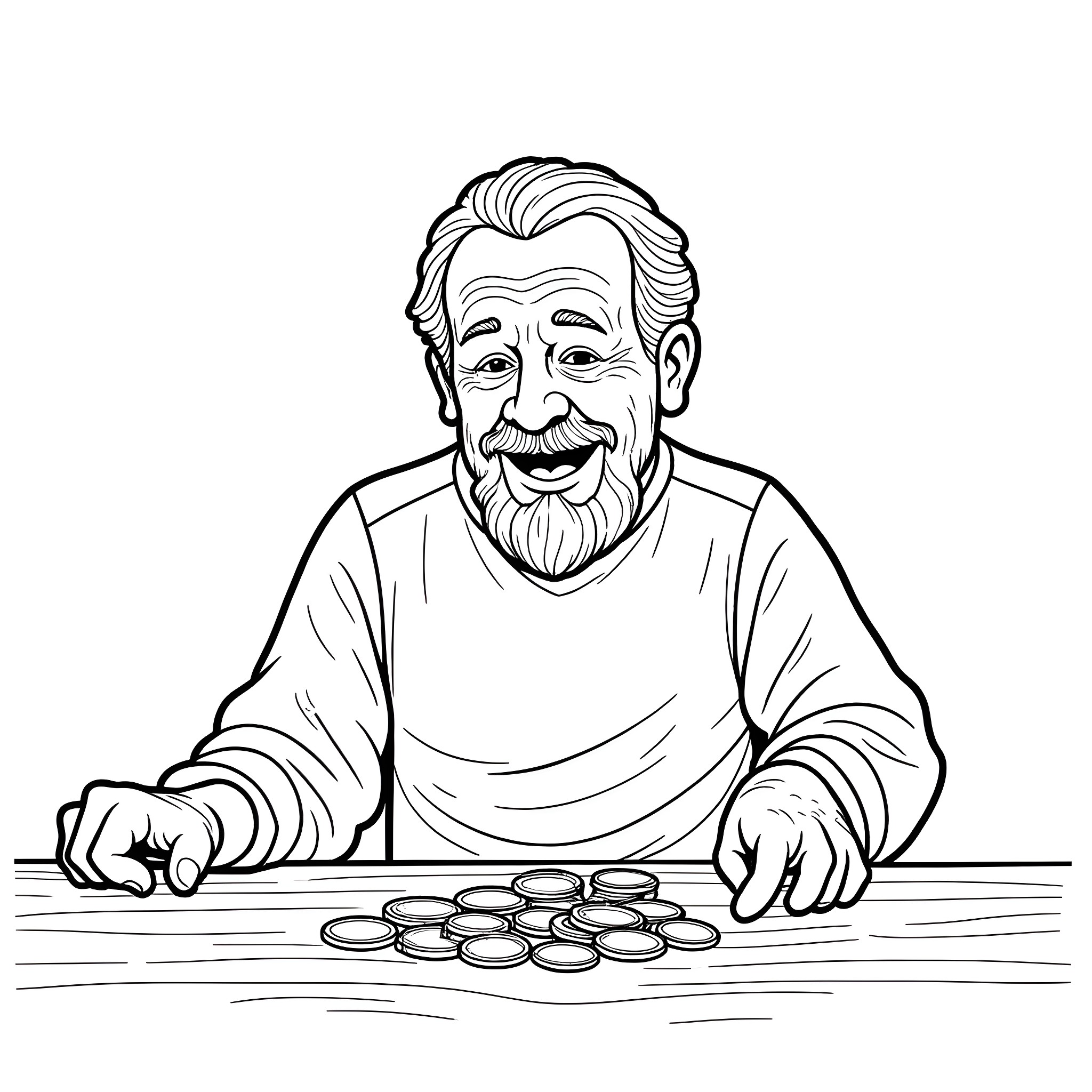 Man playing board game with excitement Coloring Page (free black-and-white line drawing printable PDF for all, from beginners to advanced learners, including children, teens, adults, and seniors)