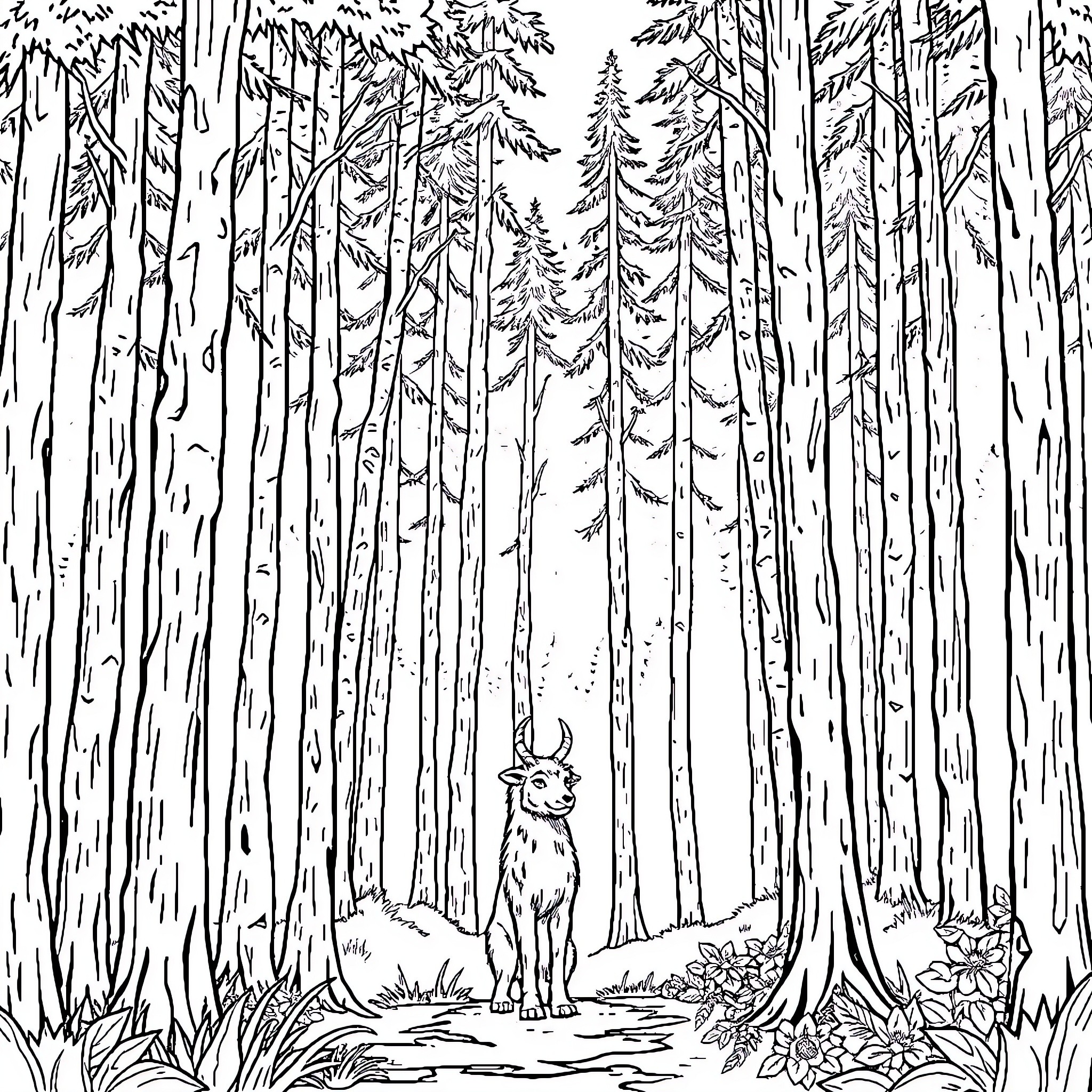 Leshy in the enchanted forest Coloring Page (free black-and-white line drawing printable PDF for all, from beginners to advanced learners, including children, teens, adults, and seniors)