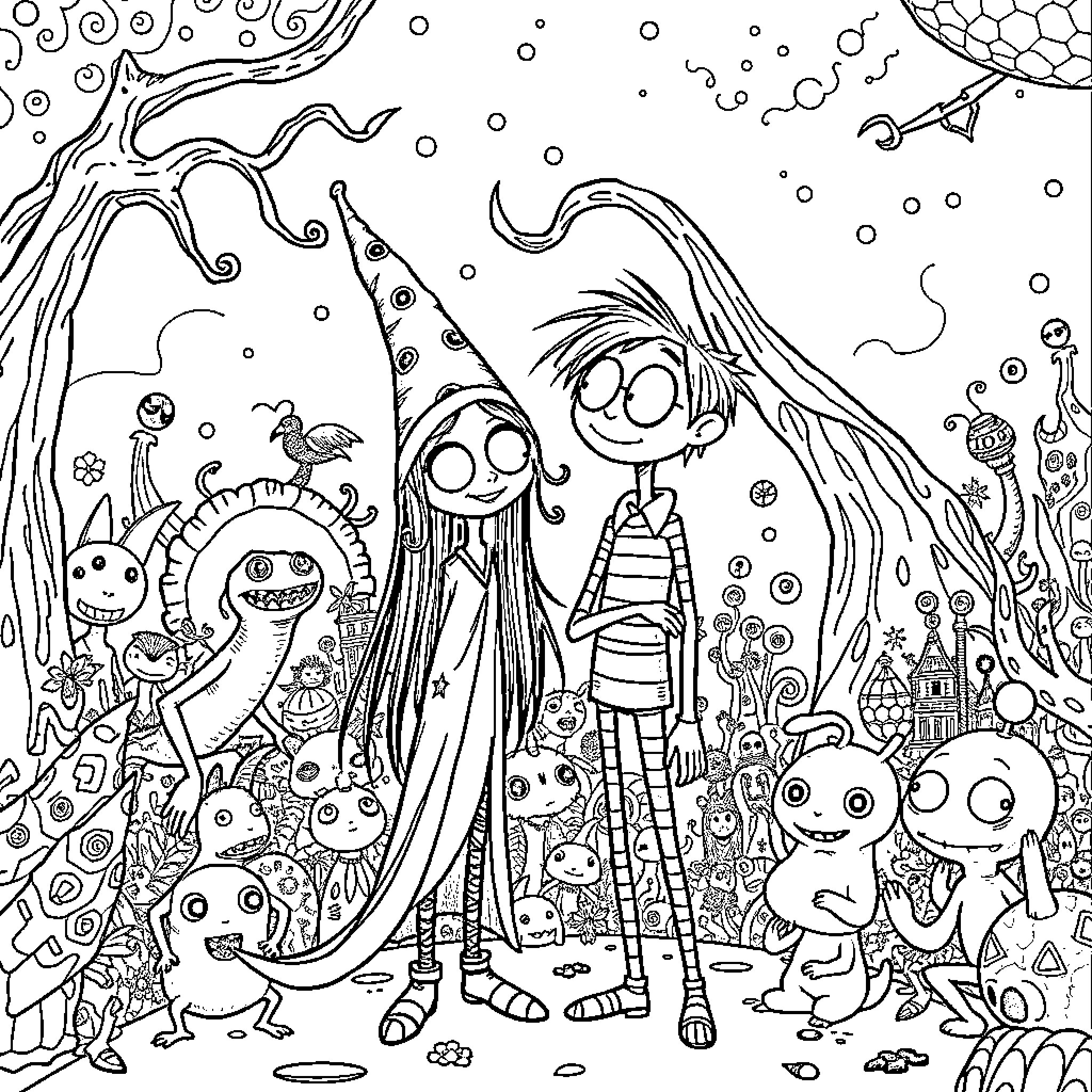 Arcane world of fantasy characters and creatures Coloring Page (free black-and-white line drawing printable PDF for all, from beginners to advanced learners, including children, teens, adults, and seniors)