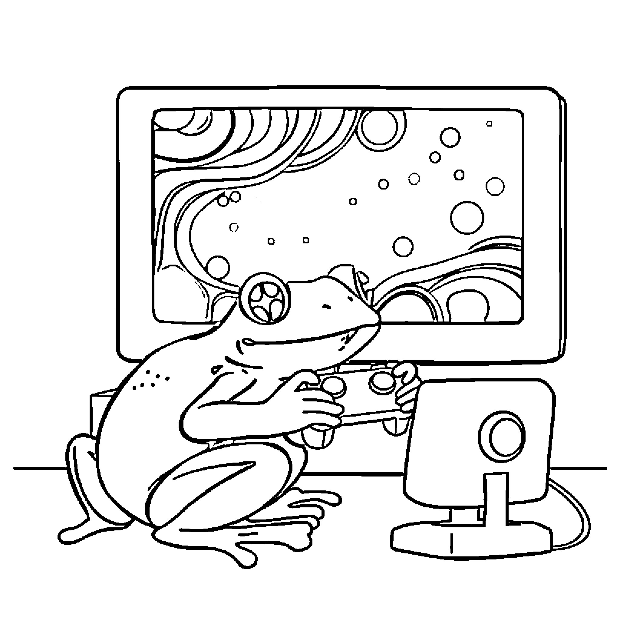 Frog playing video game controller Coloring Page (free black-and-white line drawing printable PDF for all, from beginners to advanced learners, including children, teens, adults, and seniors)