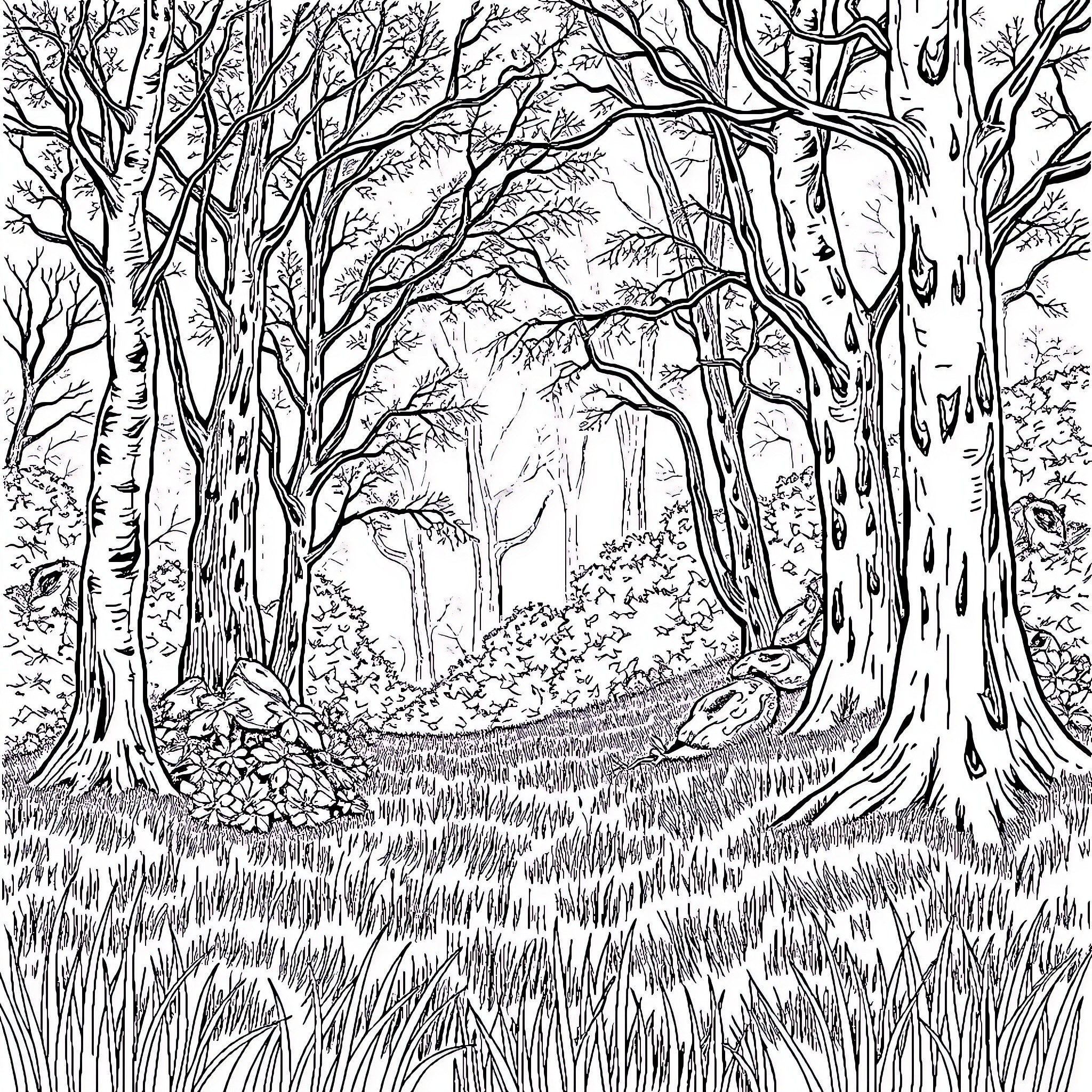 Forest path through twisted, bare trees Coloring Page (free black-and-white line drawing printable PDF for all, from beginners to advanced learners, including children, teens, adults, and seniors)