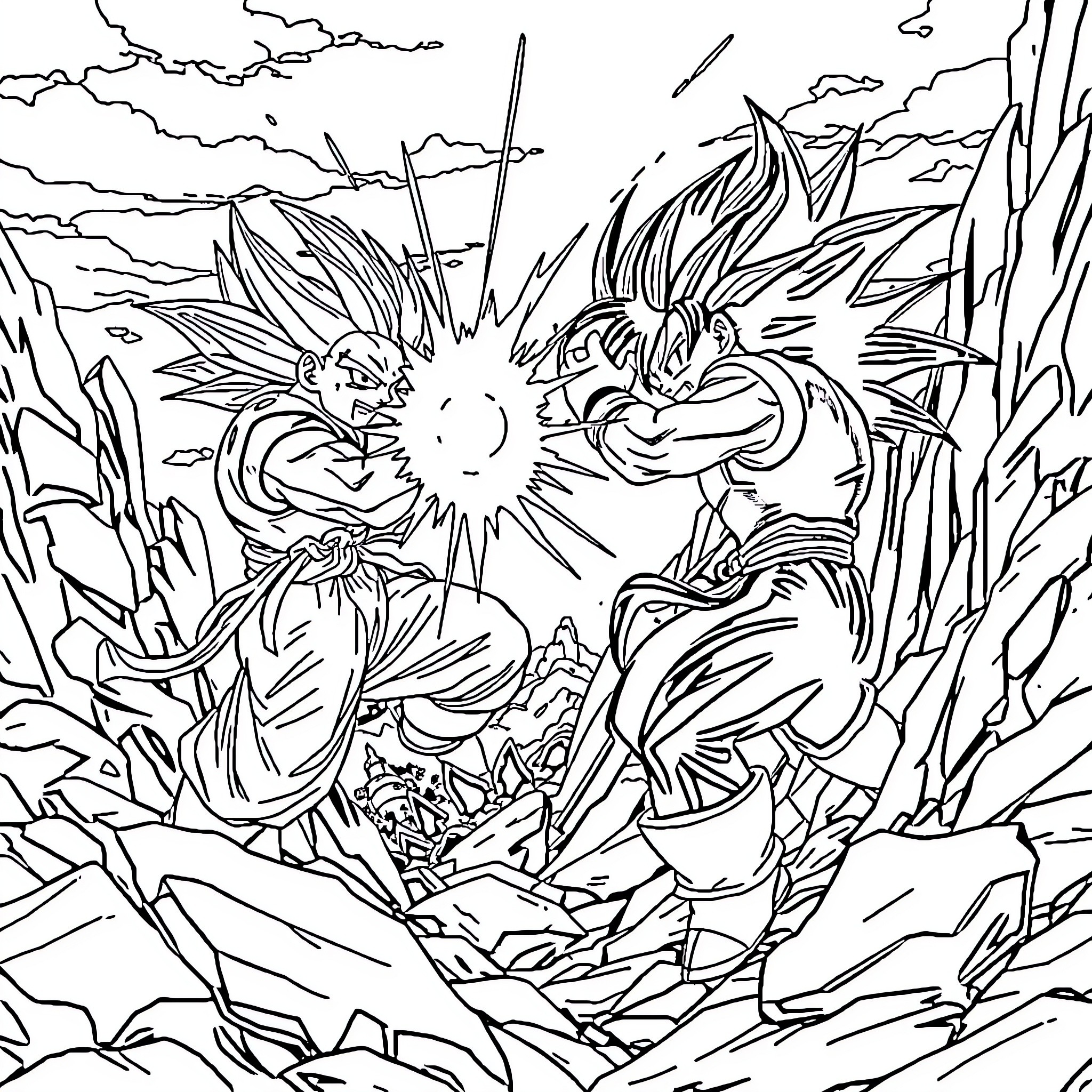 Goku and Vegeta in epic battle Coloring Page (free black-and-white line drawing printable PDF for all, from beginners to advanced learners, including children, teens, adults, and seniors)