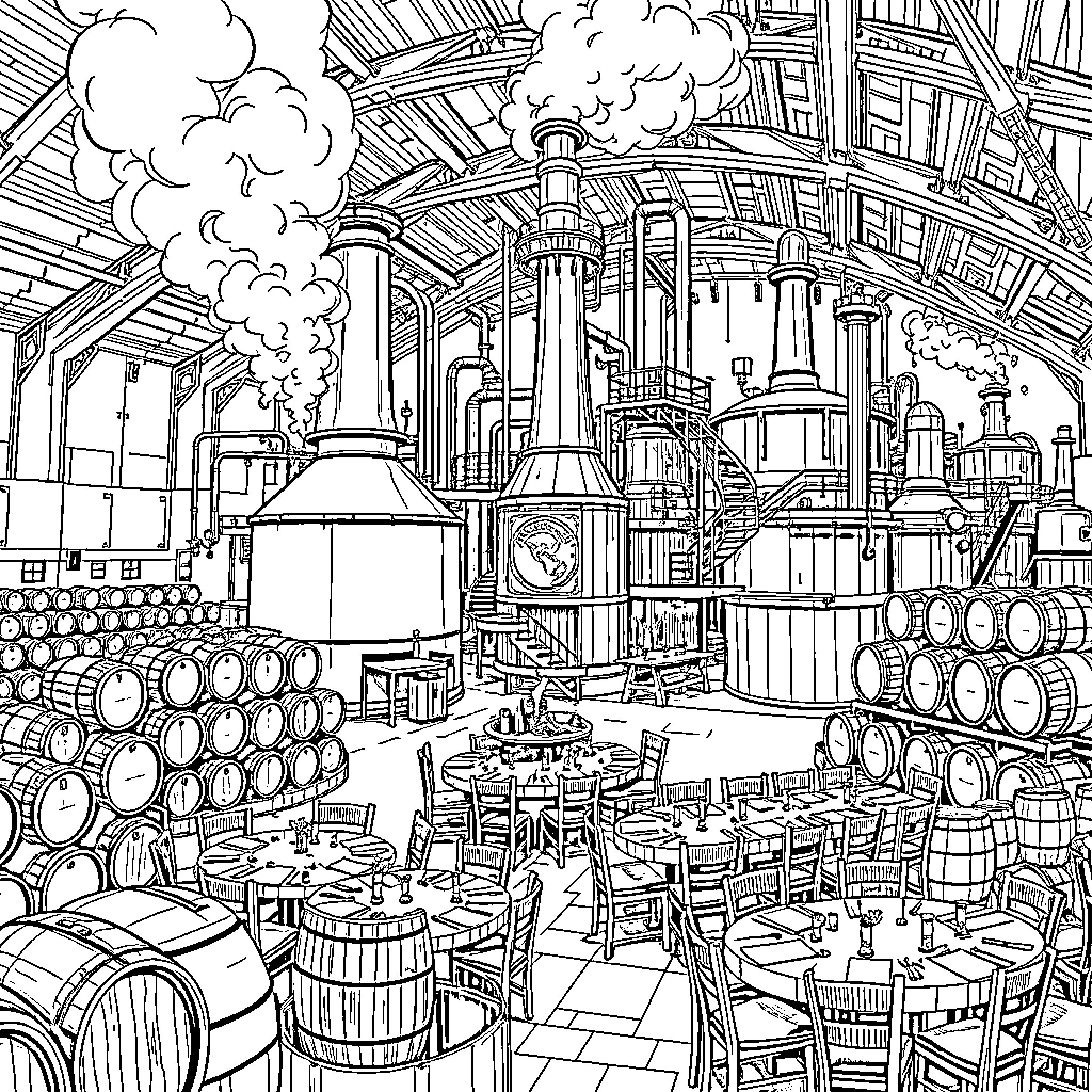 Distillery with Bustling Production and Equipment Coloring Page (free black-and-white line drawing printable PDF for all, from beginners to advanced learners, including children, teens, adults, and seniors)