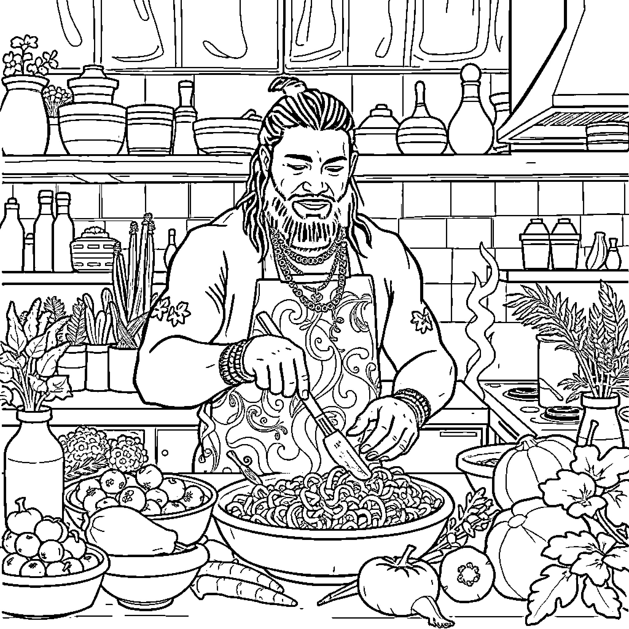 Roman Reigns Cooking Delicious Meals in Kitchen Coloring Page (free black-and-white line drawing printable PDF for all, from beginners to advanced learners, including children, teens, adults, and seniors)