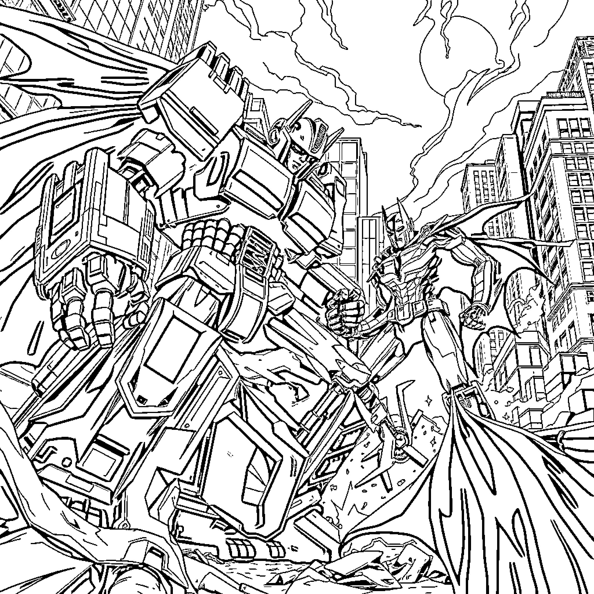 Transformer robot battle in the city Coloring Page (free black-and-white line drawing printable PDF for all, from beginners to advanced learners, including children, teens, adults, and seniors)