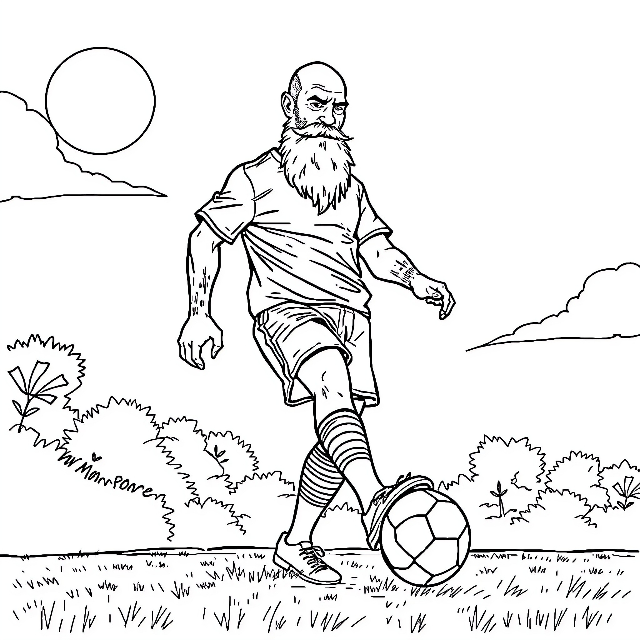 Man kicking soccer ball in natural setting Coloring Page (free black-and-white line drawing printable PDF for all, from beginners to advanced learners, including children, teens, adults, and seniors)
