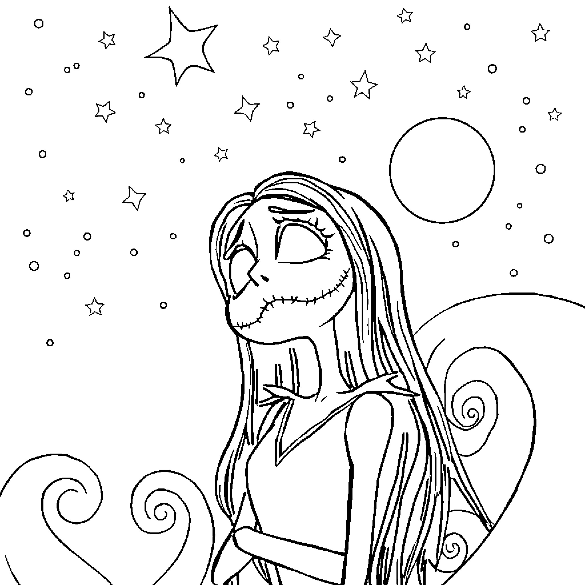 Sally's Starry Night Imagination Coloring Page (free black-and-white line drawing printable PDF for all, from beginners to advanced learners, including children, teens, adults, and seniors)