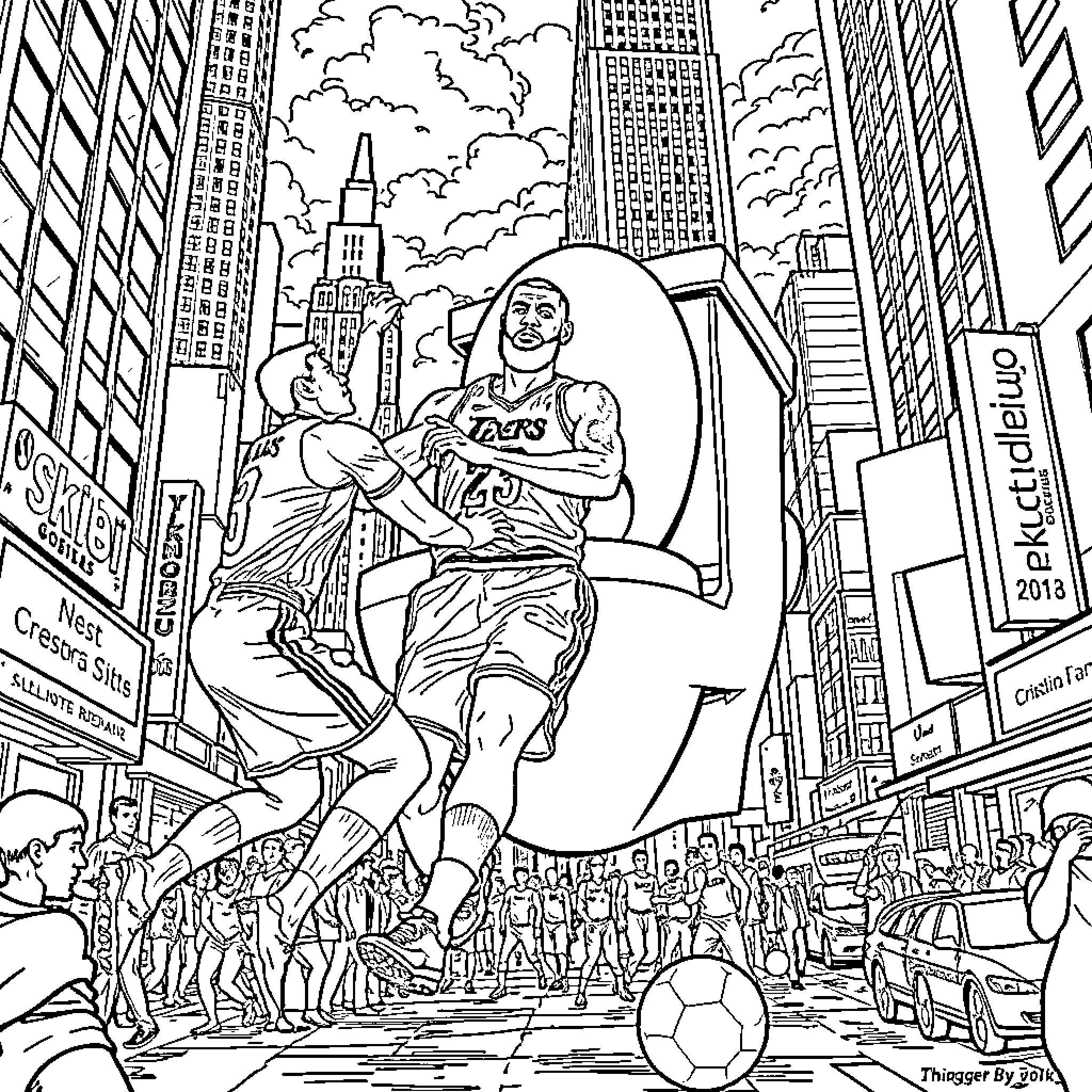 LeBron James dominates on the basketball court in New York City Coloring Page (free black-and-white line drawing printable PDF for all, from beginners to advanced learners, including children, teens, adults, and seniors)