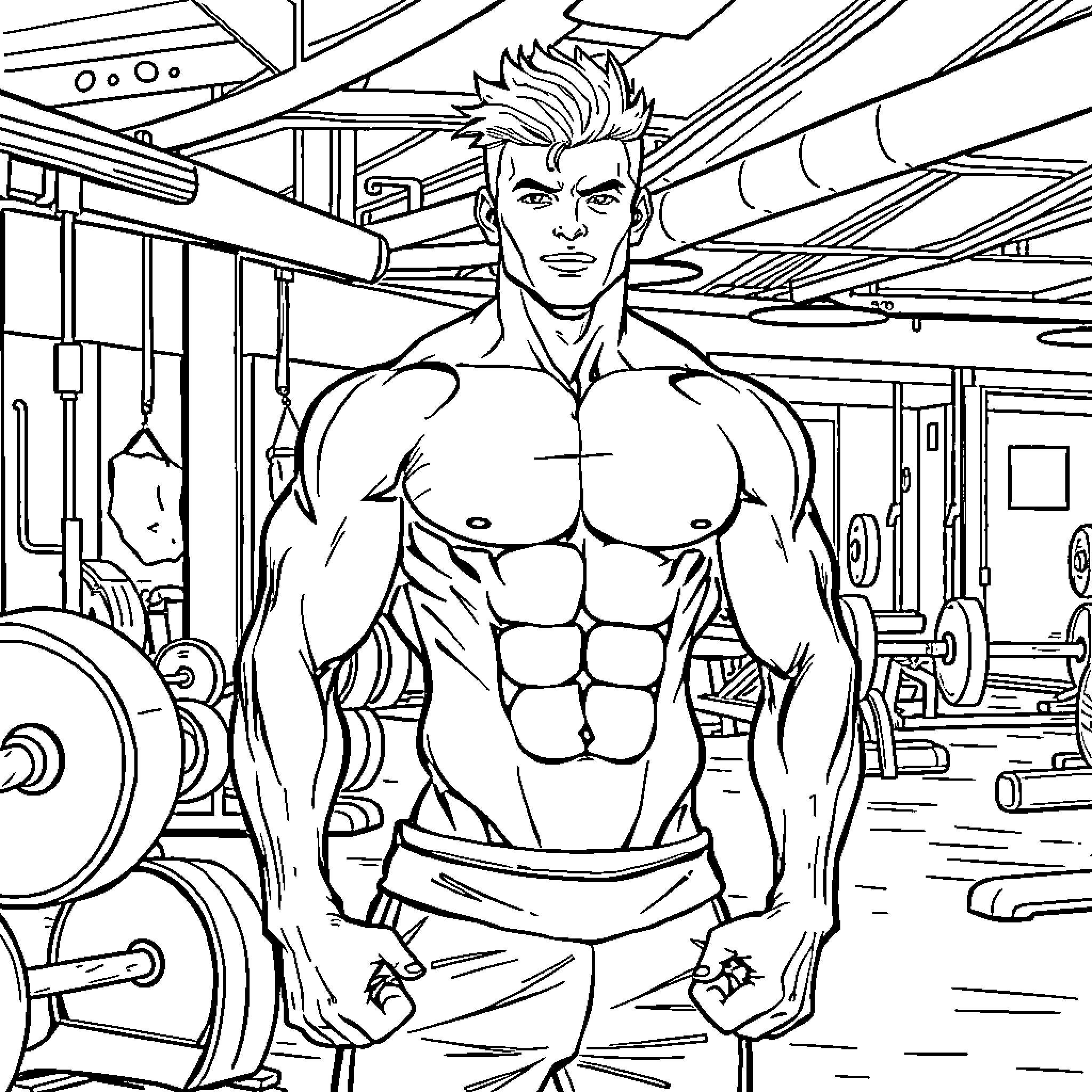 Jock's Intense Workout in the Gym Coloring Page (free black-and-white line drawing printable PDF for all, from beginners to advanced learners, including children, teens, adults, and seniors)