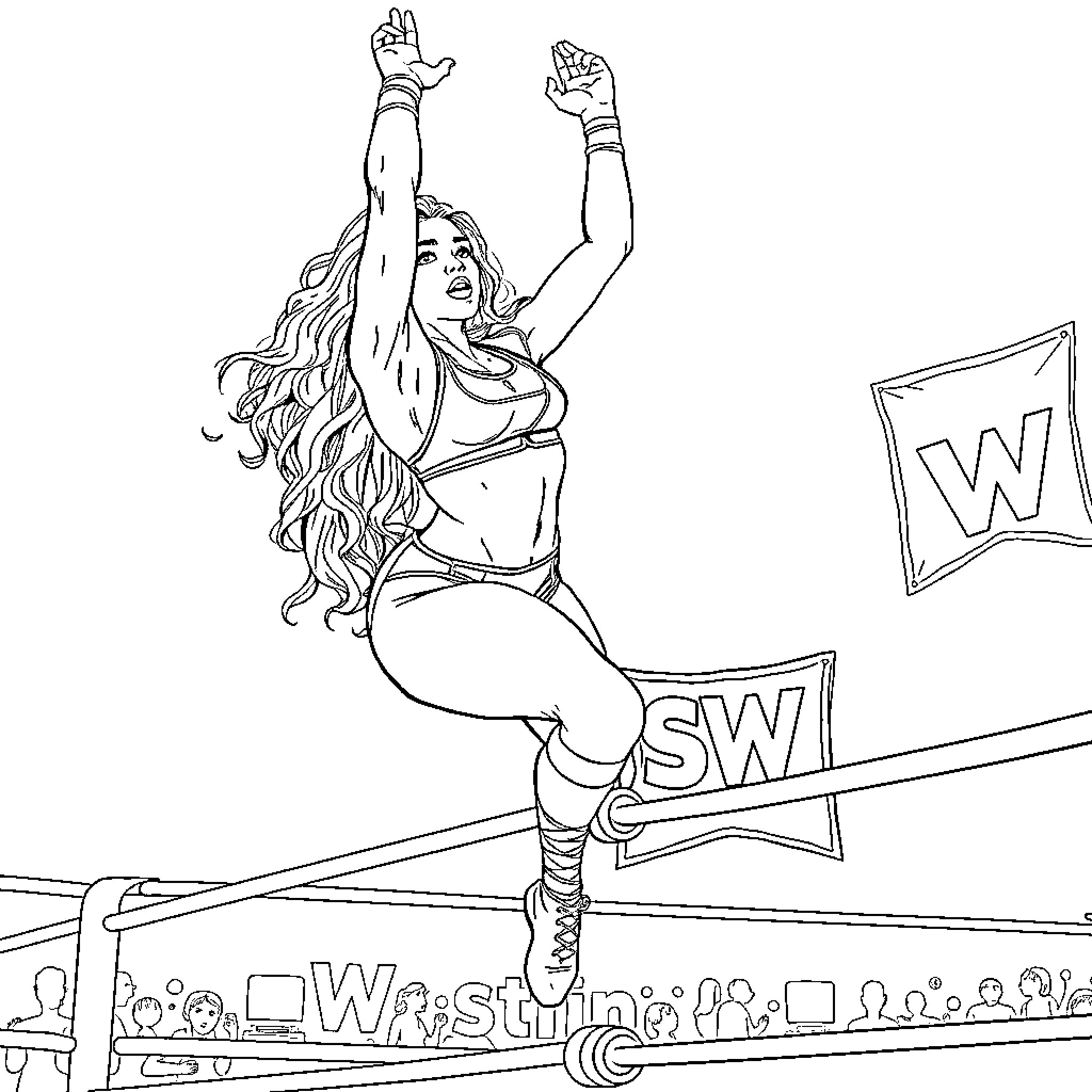 Wrestler celebrating victory in the ring Coloring Page (free black-and-white line drawing printable PDF for all, from beginners to advanced learners, including children, teens, adults, and seniors)