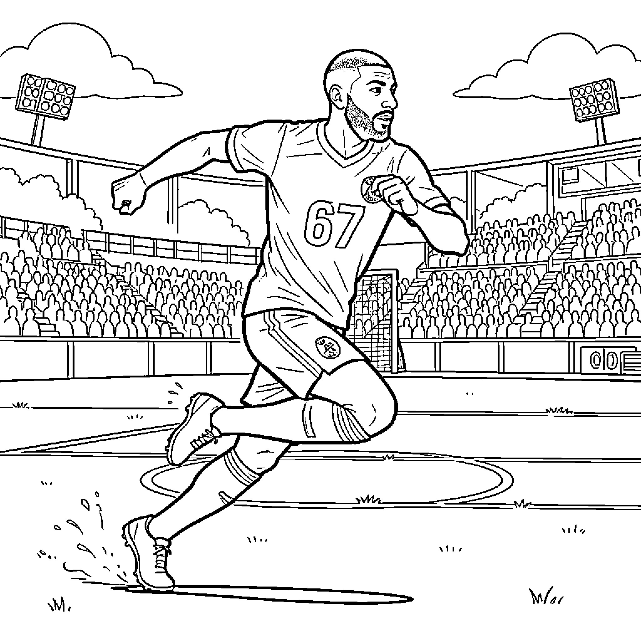 Mbappe running across a football field during a match Coloring Page (free black-and-white line drawing printable PDF for all, from beginners to advanced learners, including children, teens, adults, and seniors)