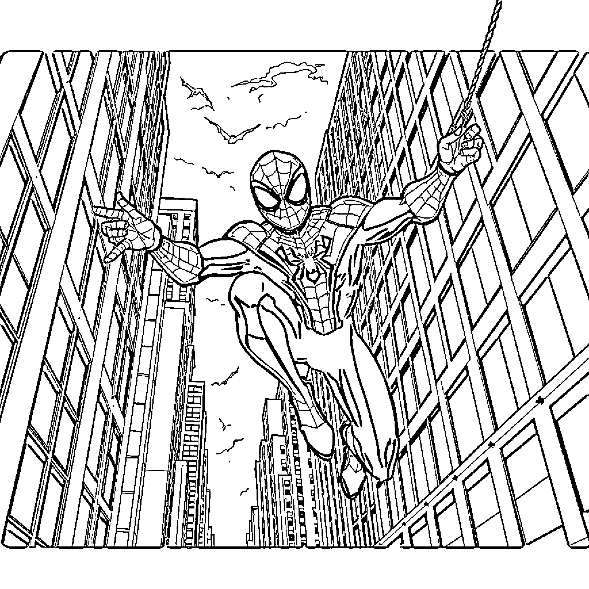 Spider-Man swinging through the city skyscrapers Coloring Page (free black-and-white line drawing printable PDF for all, from beginners to advanced learners, including children, teens, adults, and seniors)