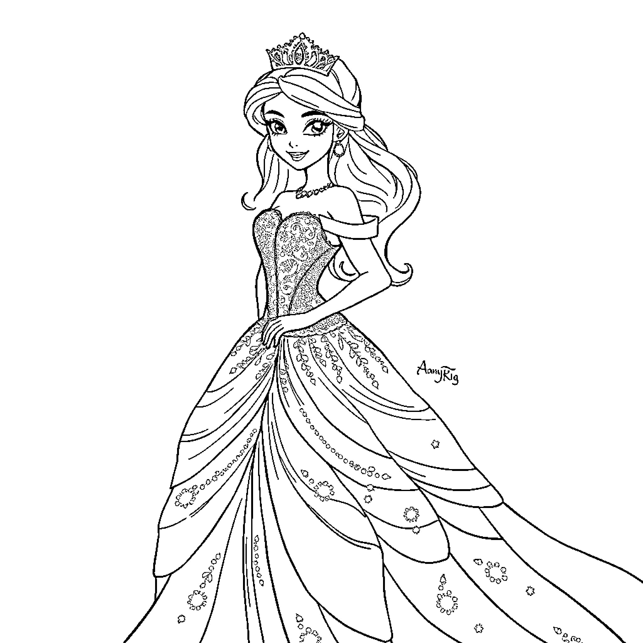 Princess in Elegant Gown and Tiara Coloring Page (free black-and-white line drawing printable PDF for all, from beginners to advanced learners, including children, teens, adults, and seniors)
