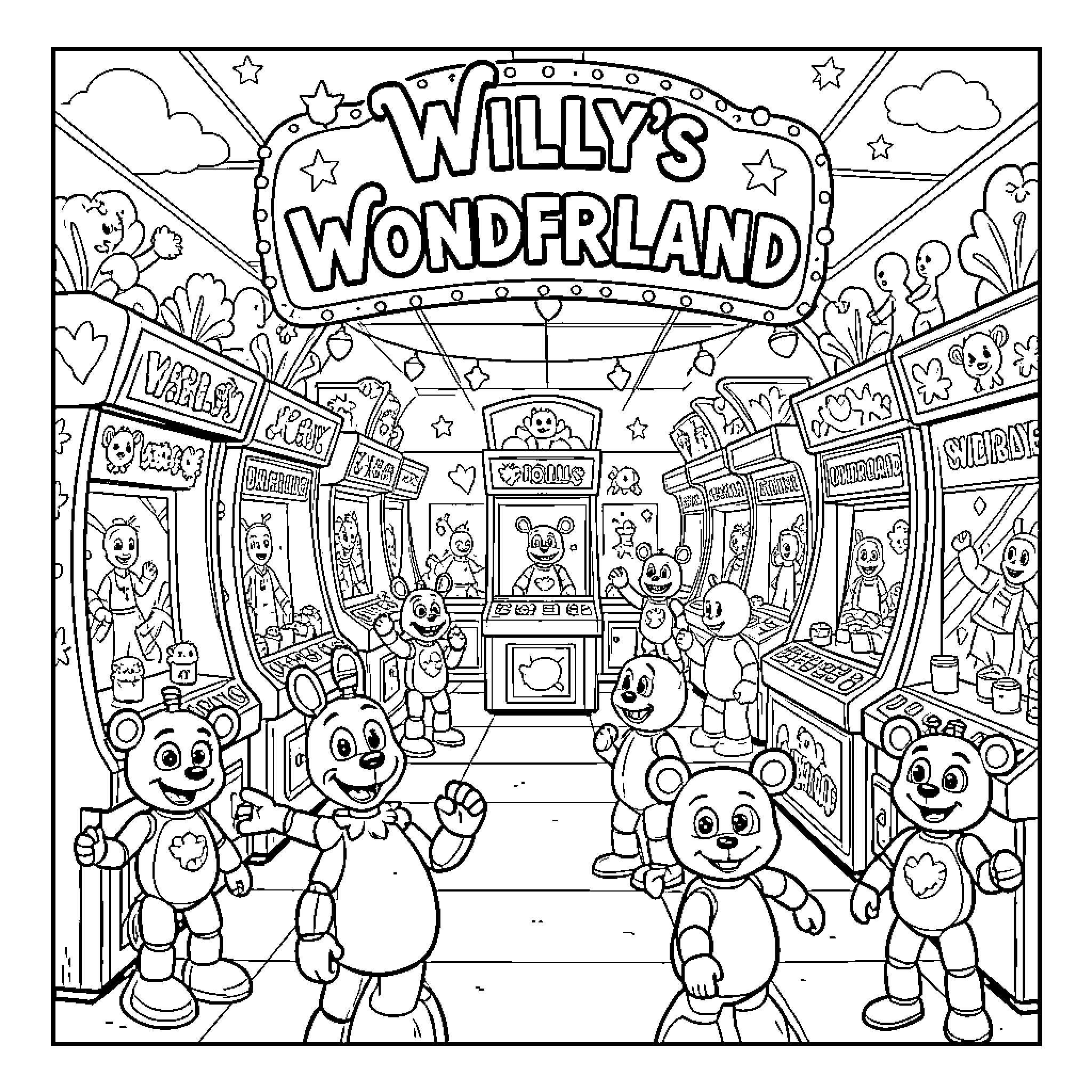Willys Wonderland characters celebrating in an amusement arcade Coloring Page (free black-and-white line drawing printable PDF for all, from beginners to advanced learners, including children, teens, adults, and seniors)
