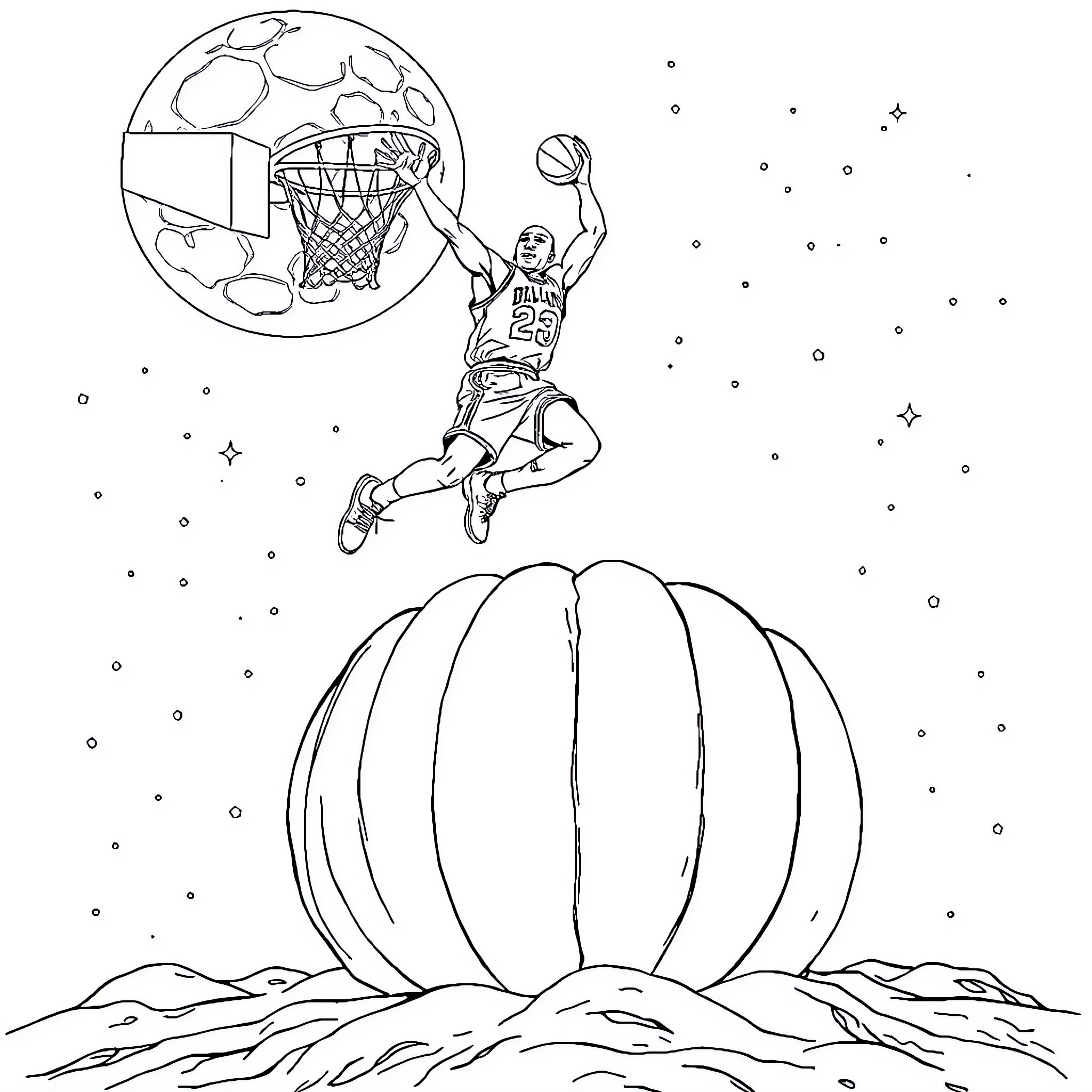 Michael Jordan shooting hoops under the stars Coloring Page (free black-and-white line drawing printable PDF for all, from beginners to advanced learners, including children, teens, adults, and seniors)