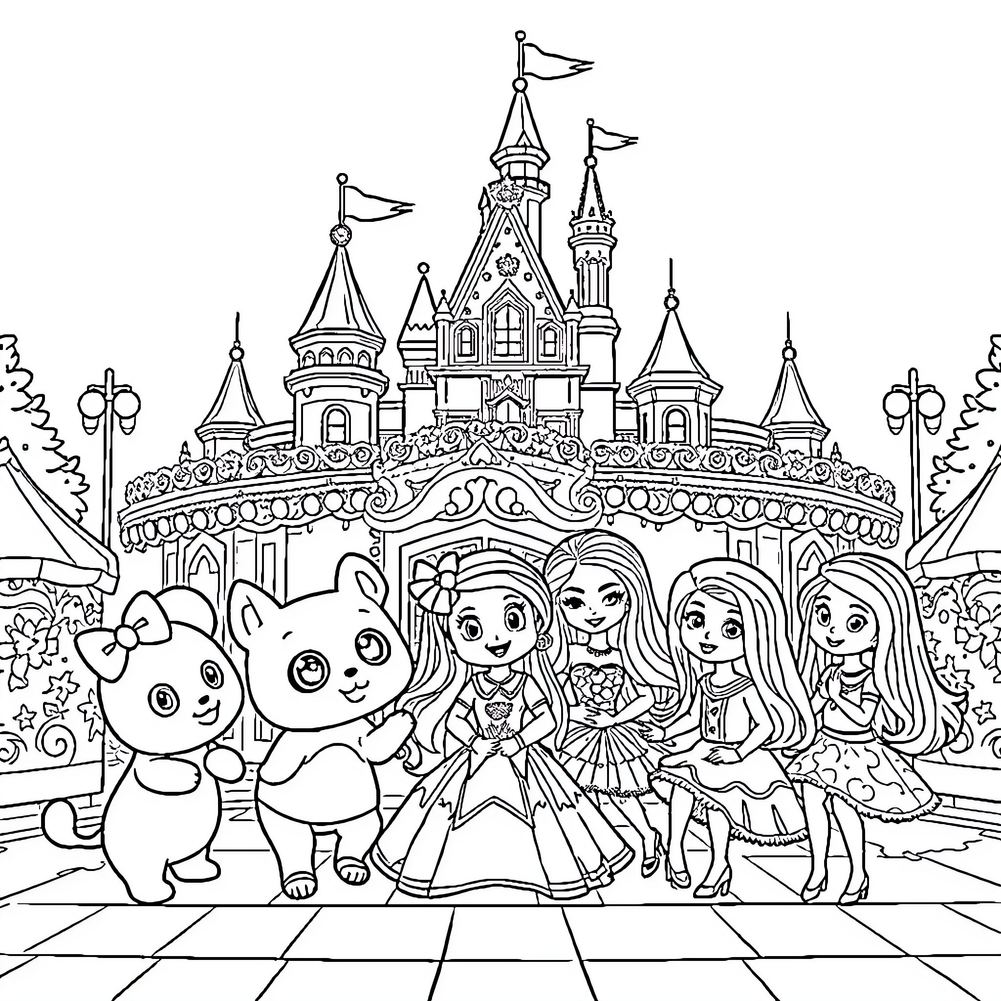 Animal Crossing Characters Exploring Enchanted Castle Coloring Page (free black-and-white line drawing printable PDF for all, from beginners to advanced learners, including children, teens, adults, and seniors)