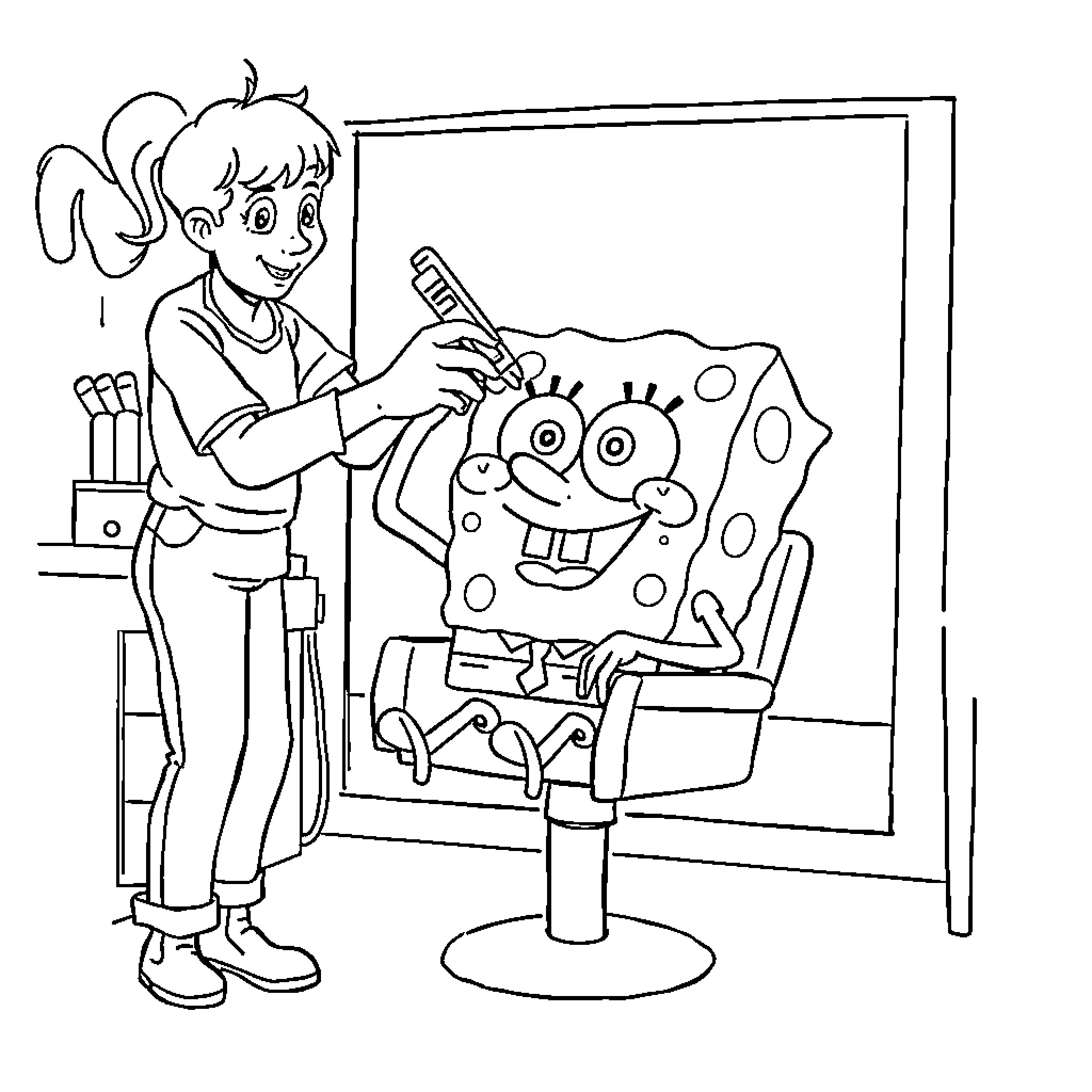 Spongebob getting his portrait painted Coloring Page (free black-and-white line drawing printable PDF for all, from beginners to advanced learners, including children, teens, adults, and seniors)