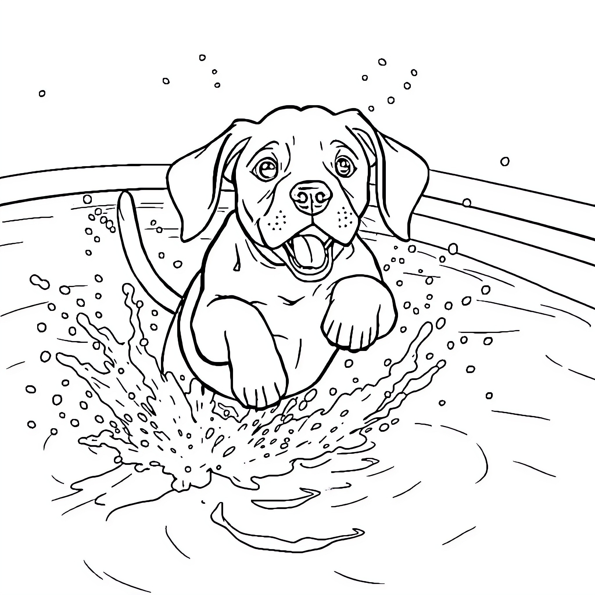 Beagle splashing happily in the water Coloring Page (free black-and-white line drawing printable PDF for all, from beginners to advanced learners, including children, teens, adults, and seniors)