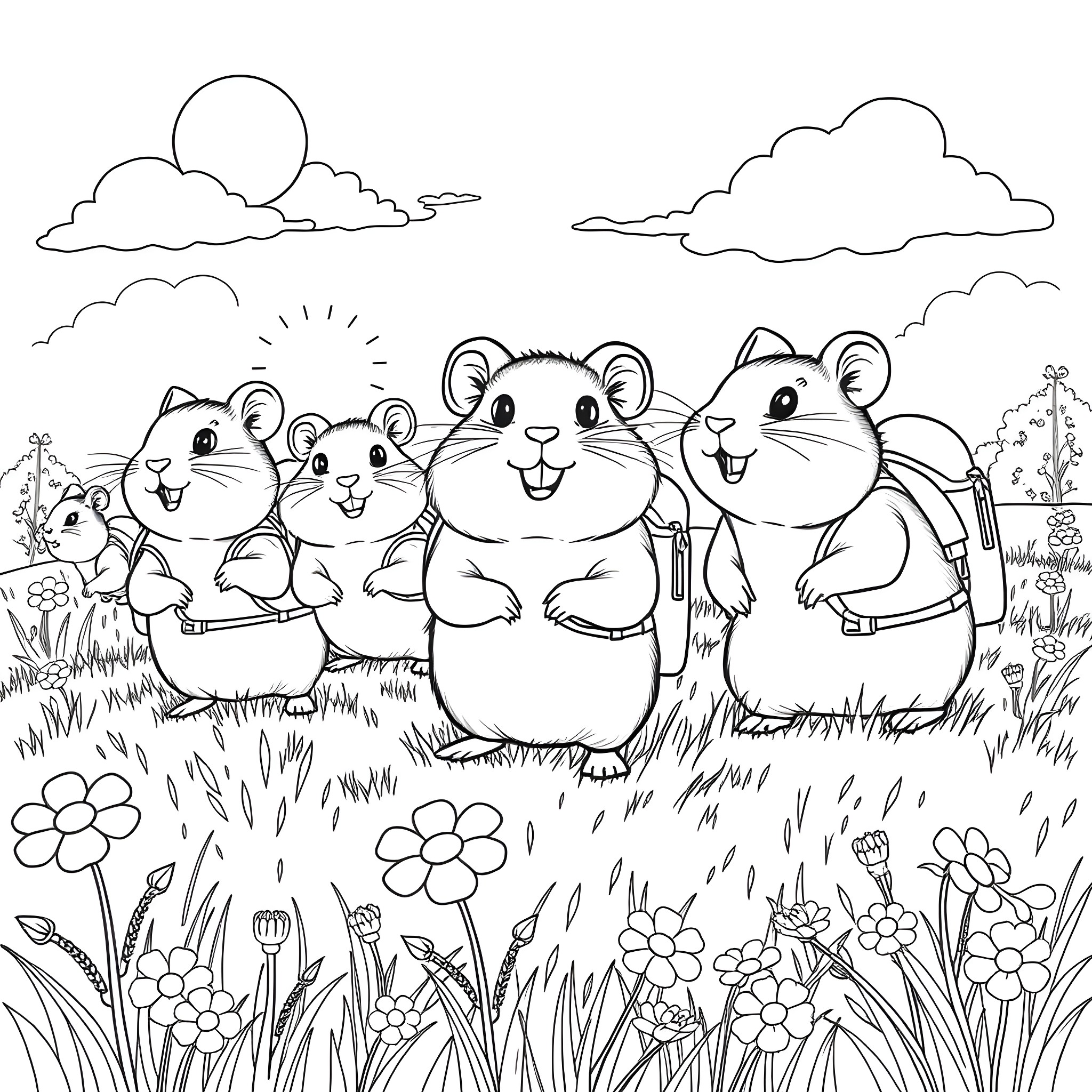 Hamsters smiling and enjoying the outdoors Coloring Page (free black-and-white line drawing printable PDF for all, from beginners to advanced learners, including children, teens, adults, and seniors)